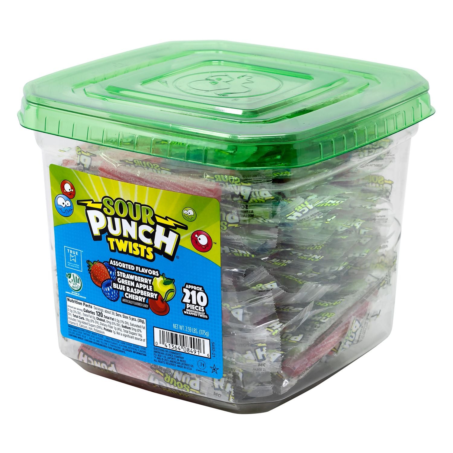 Green Rabbit Sour Punch Twists, Fruit Flavors, Individually Wrapped, 210 Pieces per Tub, 2 Tubs per Carton