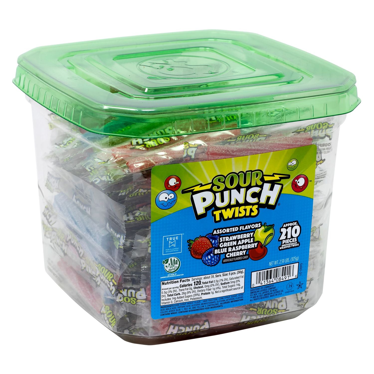 Green Rabbit Sour Punch Twists, Fruit Flavors, Individually Wrapped, 210 Pieces per Tub, 2 Tubs per Carton