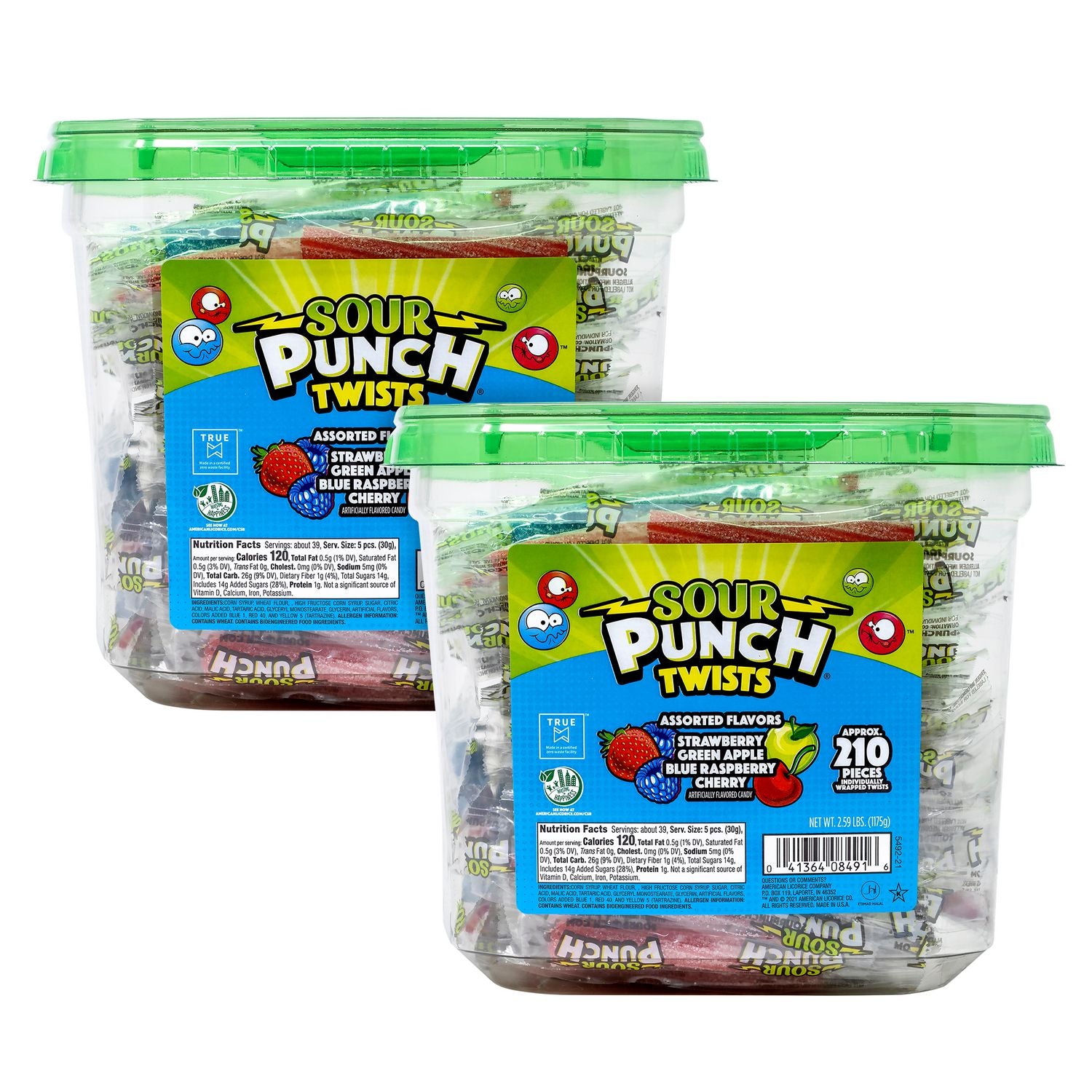 Green Rabbit Sour Punch Twists, Fruit Flavors, Individually Wrapped, 210 Pieces per Tub, 2 Tubs per Carton