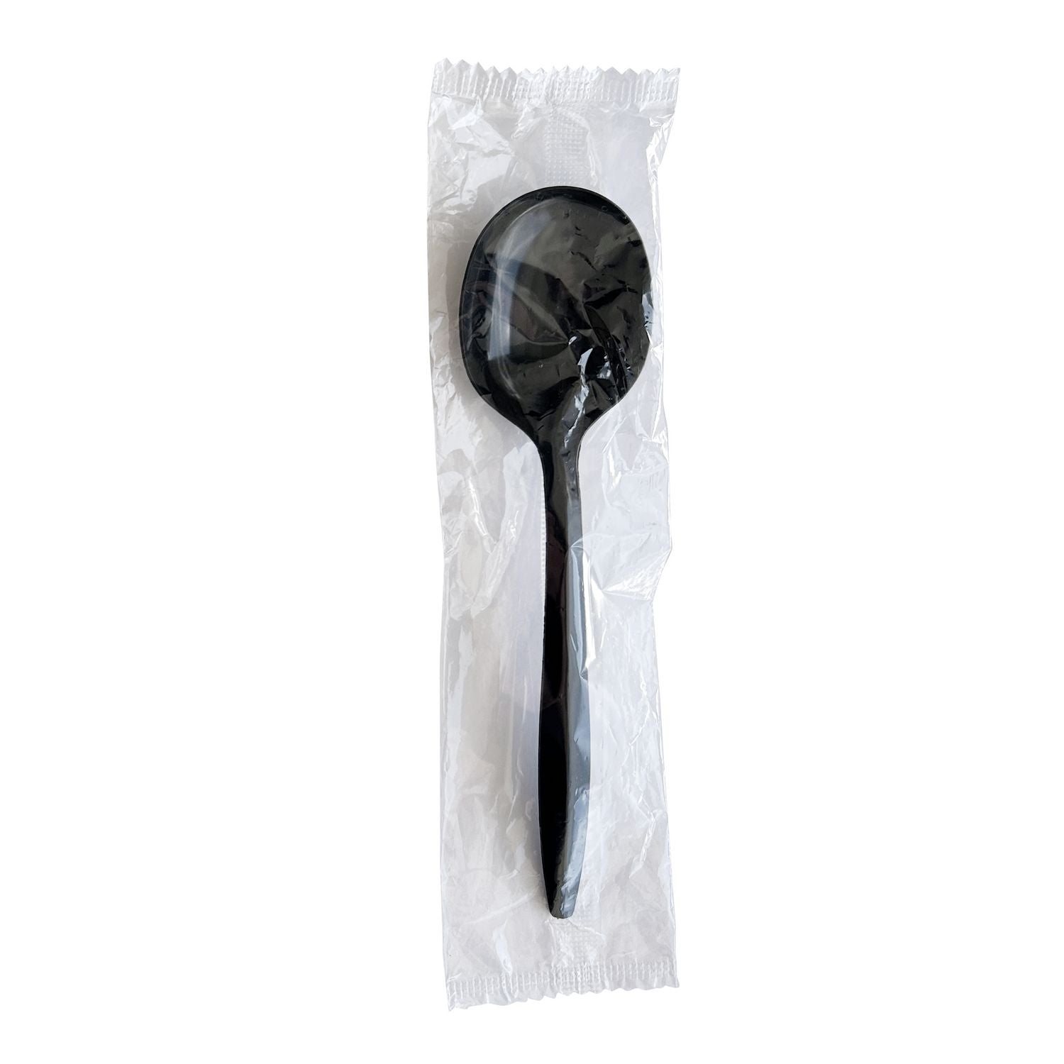 Mediumweight Wrapped Polypropylene Cutlery, Soup Spoon, Plastic, Black, 1,000/Carton