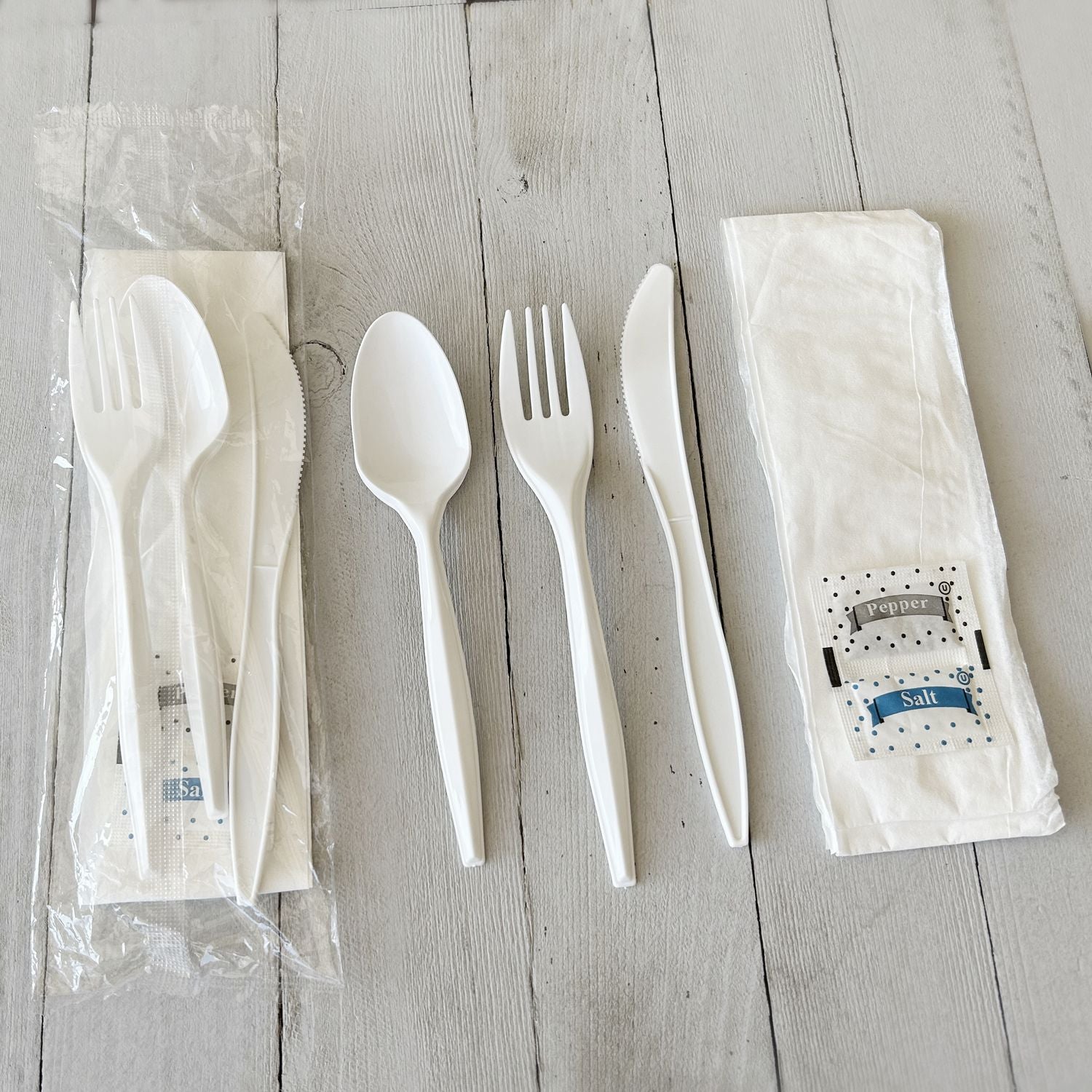 Six-Piece Cutlery Kit, Mediumweight, Fork/Knife/Napkin/Pepper/Salt/Spoon, 5.86", Plastic, White, 250/Carton