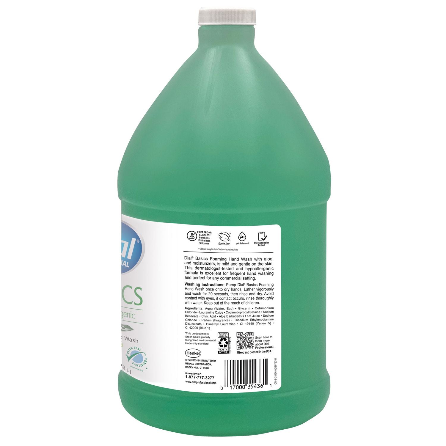 Dial Basics HypoAllergenic Foam Hand Soap - Aloe Scent - 1 gal - Bacteria Remover - Skin, Hand, Commercial, Healthcare, School, Office, Restaurant, Daycare - Green - Cruelty-free, Sulfate-free, Paraben-free, Phthalate-free, Silicone-free - 1 Each