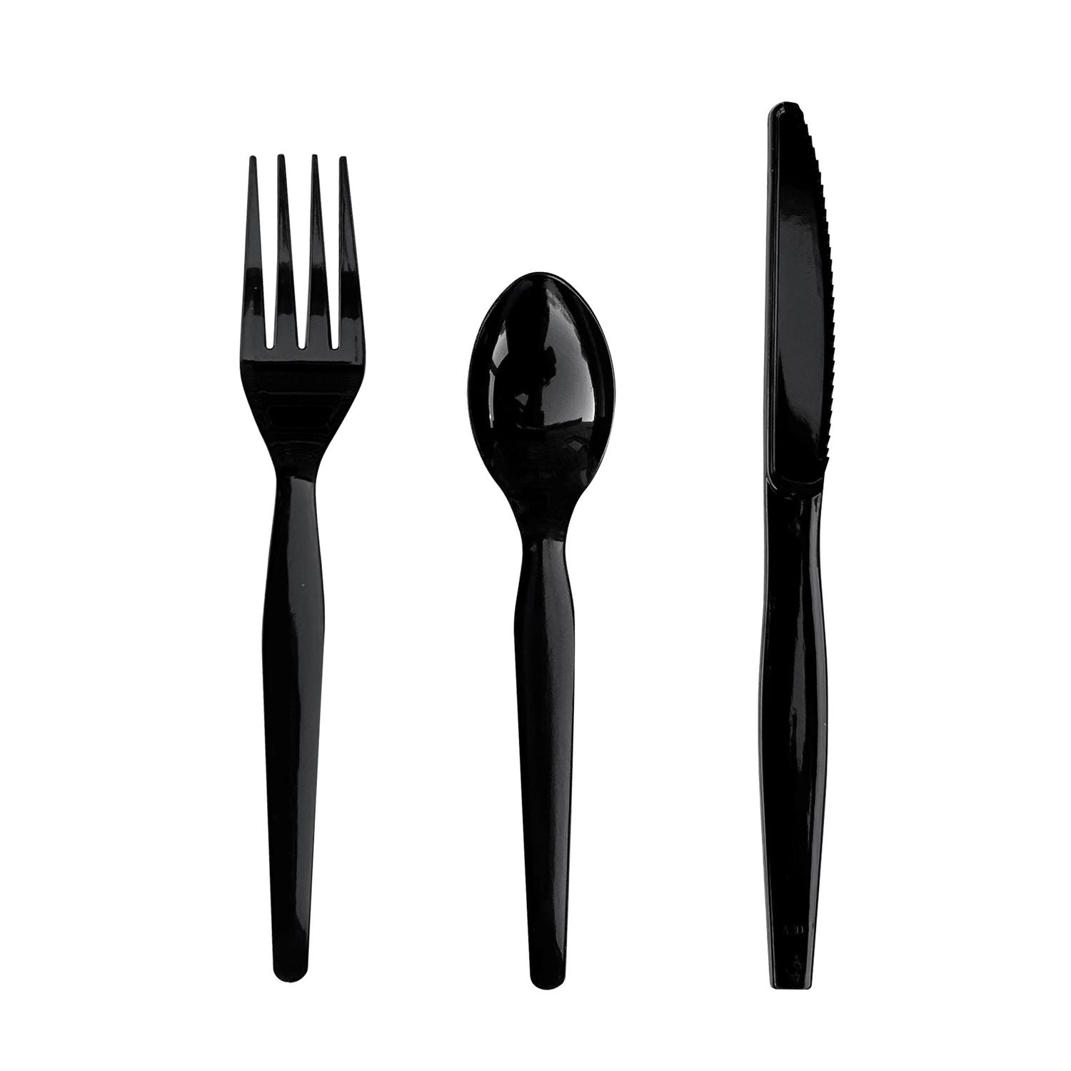 Three-Piece Polystyrene Cutlery Kit, Heavyweight, Fork/Knife/Spoon, Plastic, Black, 250/Carton