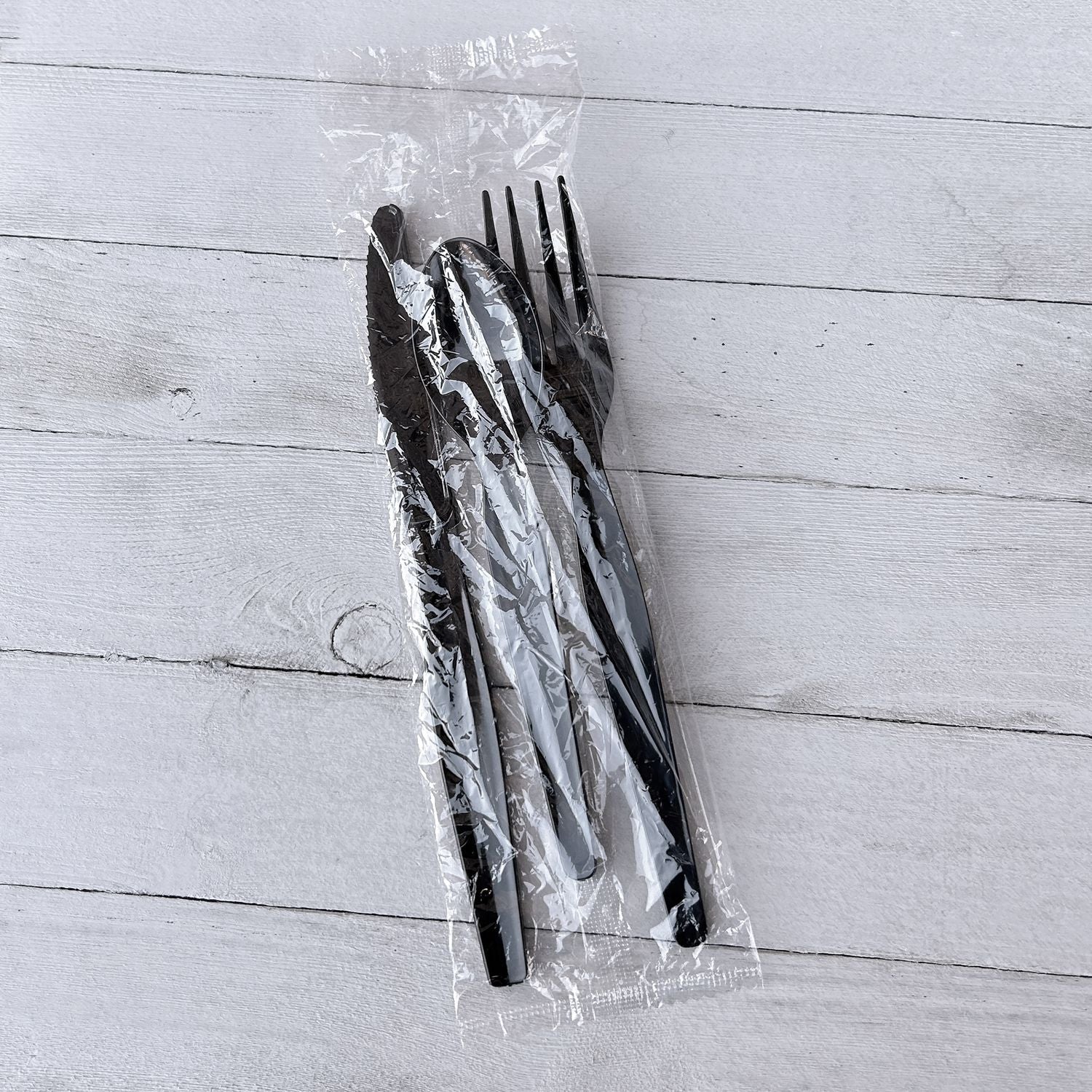 Three-Piece Polystyrene Cutlery Kit, Heavyweight, Fork/Knife/Spoon, Plastic, Black, 250/Carton