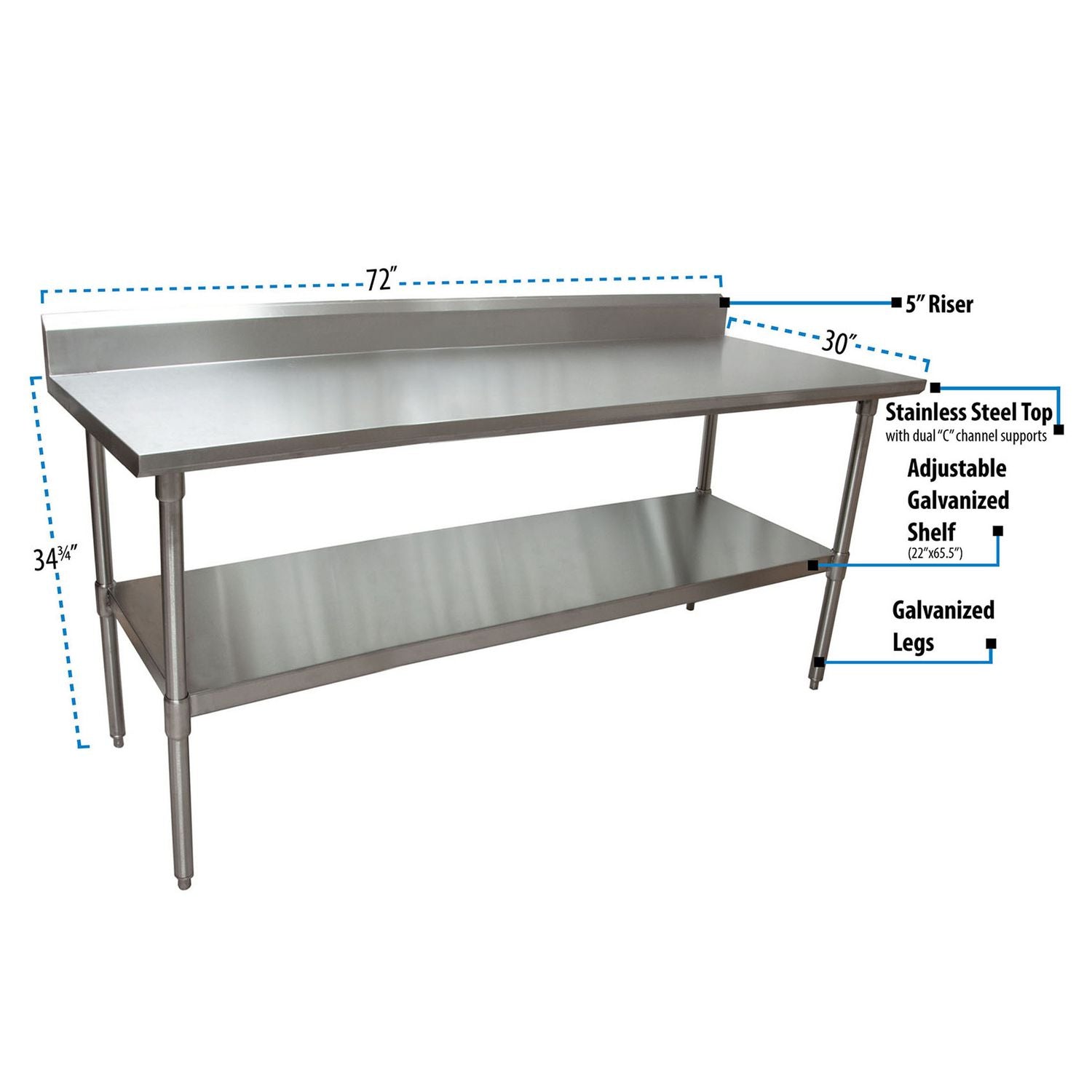 Stainless Steel 5" Riser Top Tables, 72w x 30d x 39.75h, Silver, 2/Pallet