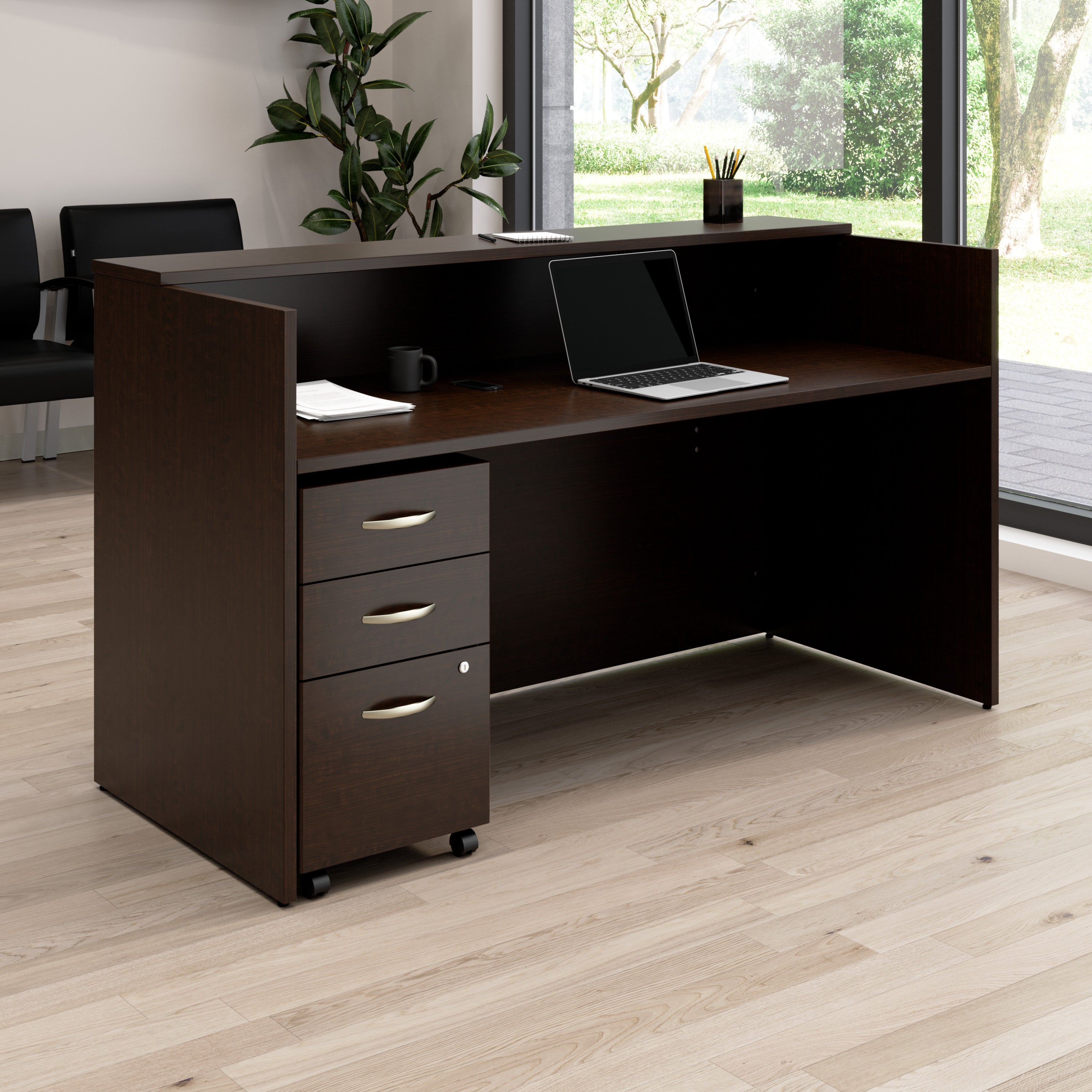Bush Business Furniture Arrive 72W x 30D Reception Desk with Shelf and Mobile File Cabinet in Mocha Cherry - 71.02" Width x 29.49" Depth x 40.35" Height