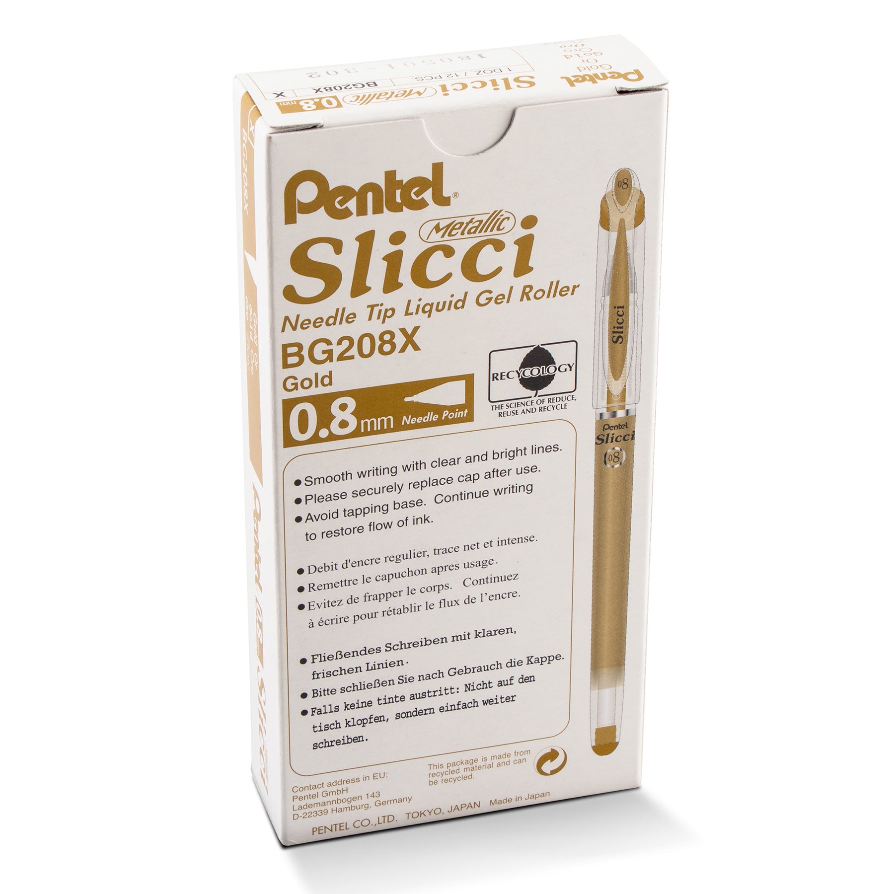 Slicci METALLIC (0.8mm) Needle Tip Med Gel Pen, Gold Metallic Ink, Pack of 12