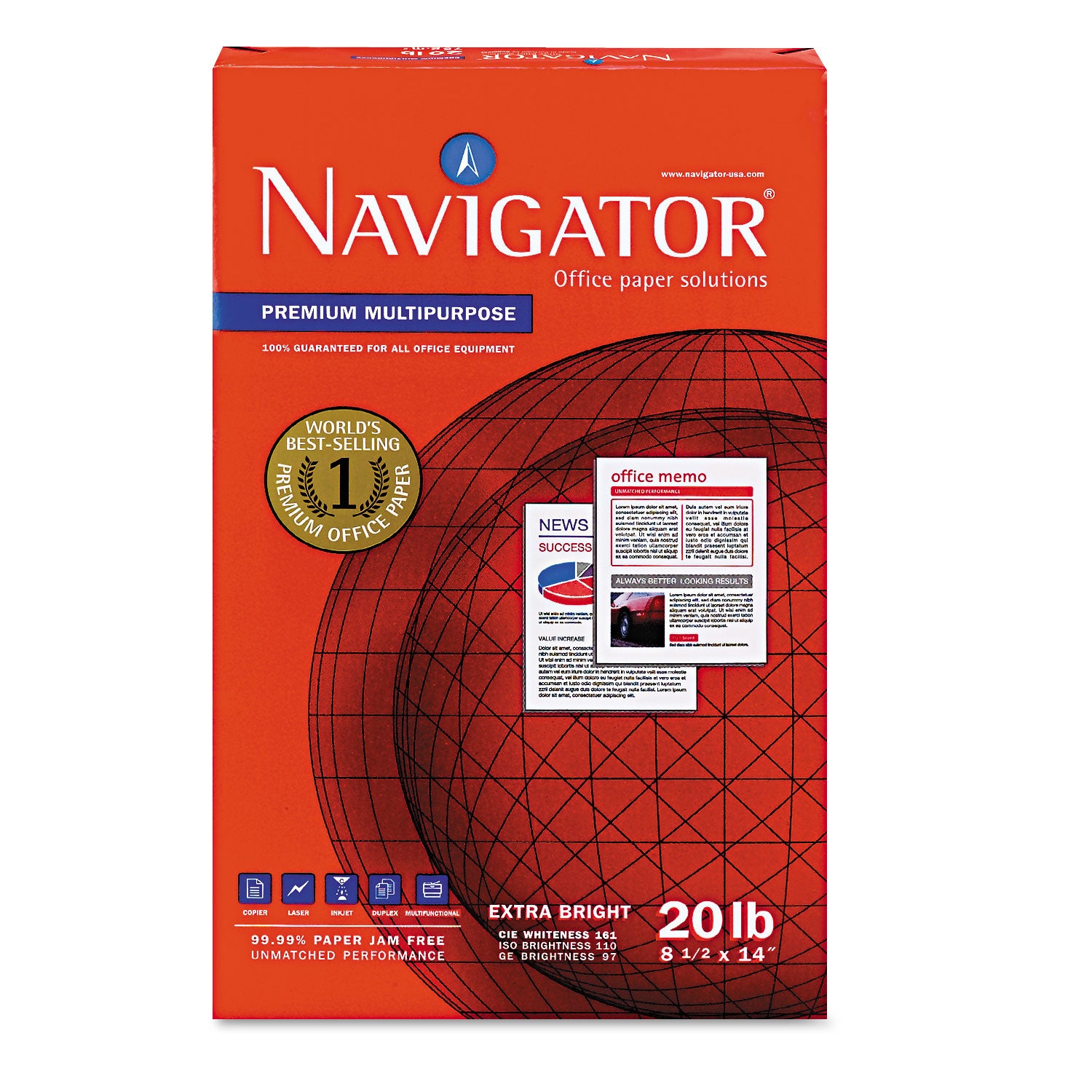 Navigator Premium Multipurpose Trusted Performance Paper - Extra Opacity - White - 97 Brightness - Legal - 8 1/2" x 14" - 20 lb Basis Weight - White - 500 Sheets per Ream - 10 / Carton