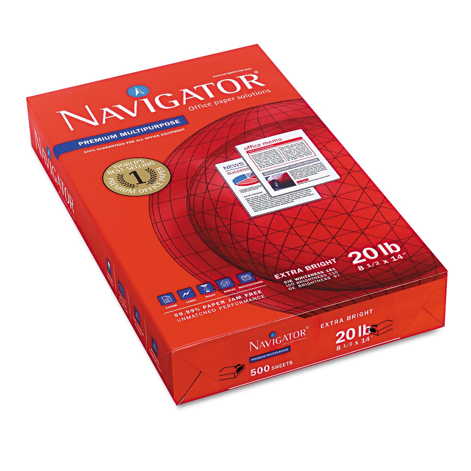 Navigator Premium Multipurpose Trusted Performance Paper - Extra Opacity - White - 97 Brightness - Legal - 8 1/2" x 14" - 20 lb Basis Weight - White - 500 Sheets per Ream - 10 / Carton