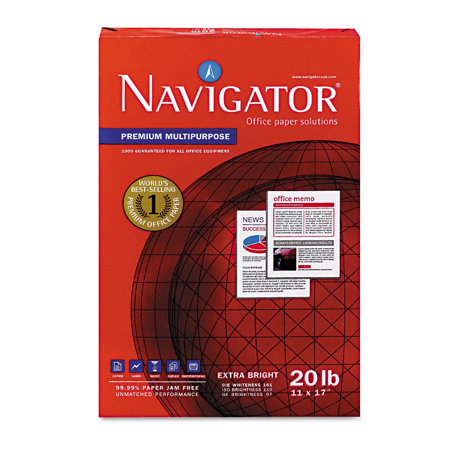 Navigator Premium Multipurpose Trusted Performance Paper - Extra Opacity - White - 97 Brightness - 11" x 17" - 20 lb Basis Weight - Smooth - Jam-free - White - 500 Sheets per Ream - 5 / Carton