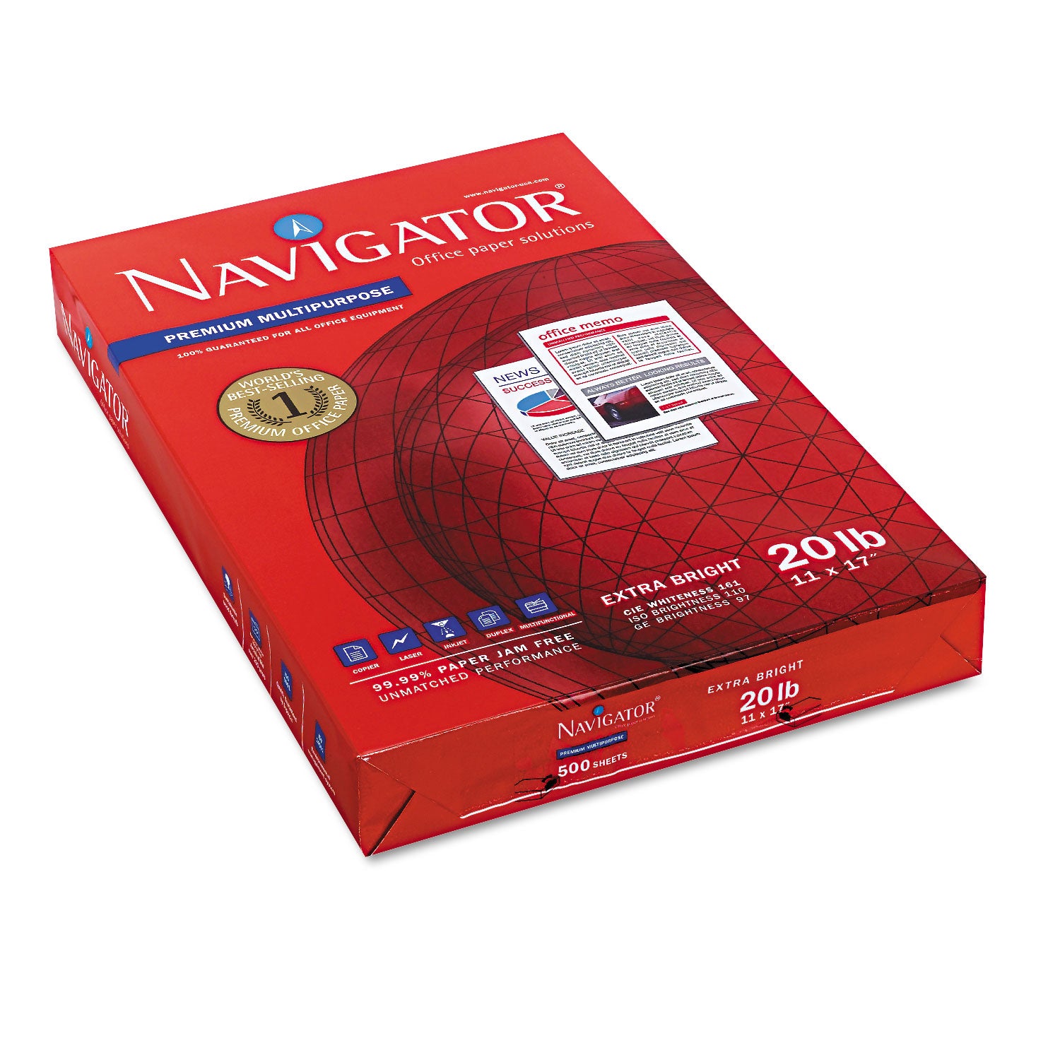 Navigator Premium Multipurpose Trusted Performance Paper - Extra Opacity - White - 97 Brightness - 11" x 17" - 20 lb Basis Weight - Smooth - Jam-free - White - 500 Sheets per Ream - 5 / Carton