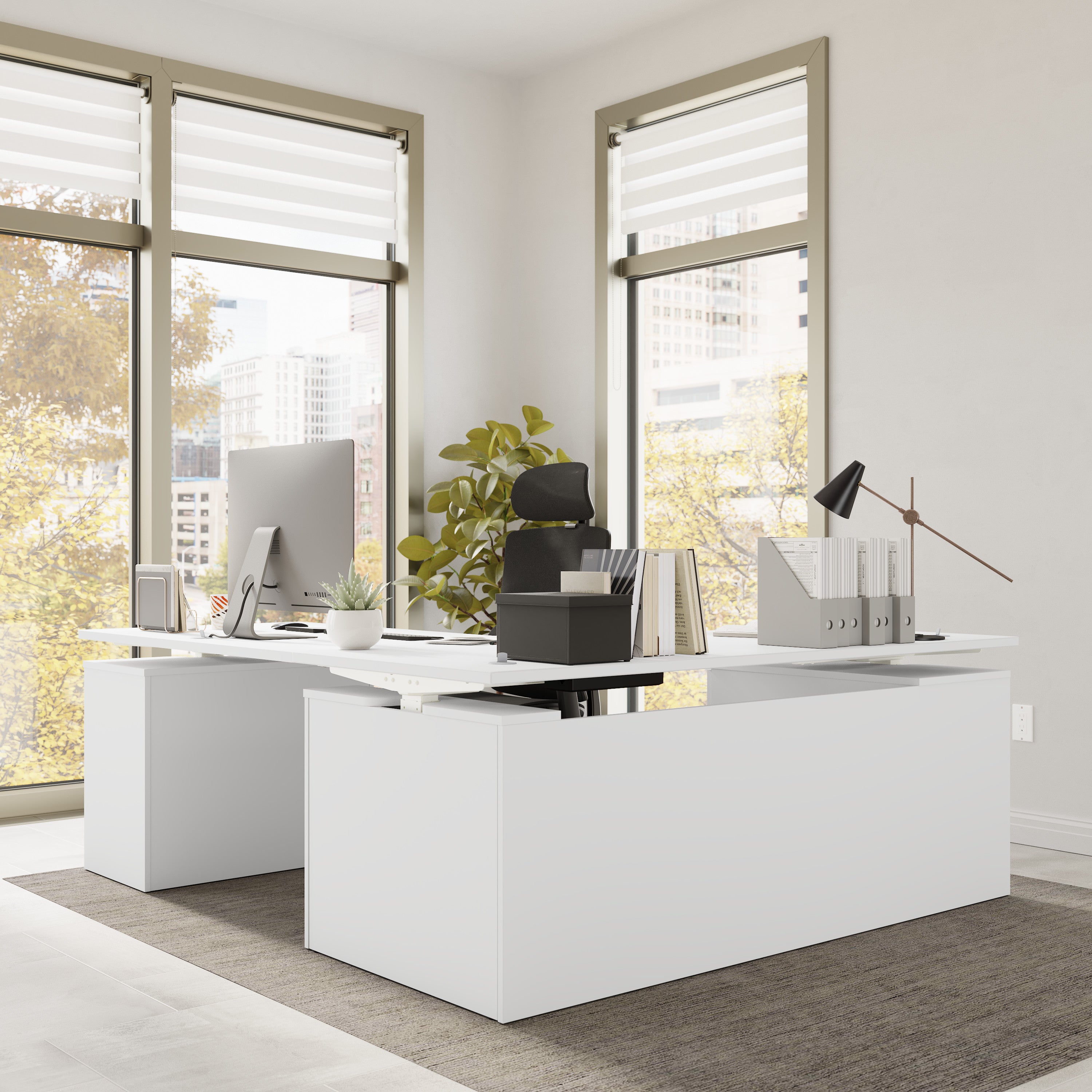 Bush Business Furniture Stratus&nbsp;72W x&nbsp;78D Height Adjustable L Shaped Standing Desk with Drawers in White with White Base - 71.02" Width x 76.97" Depth x 27.44" Height