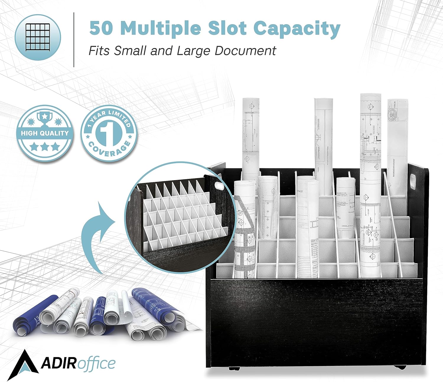 50-Slot Mobile Rolling Wood Blueprint Roll File Large Document Organizer