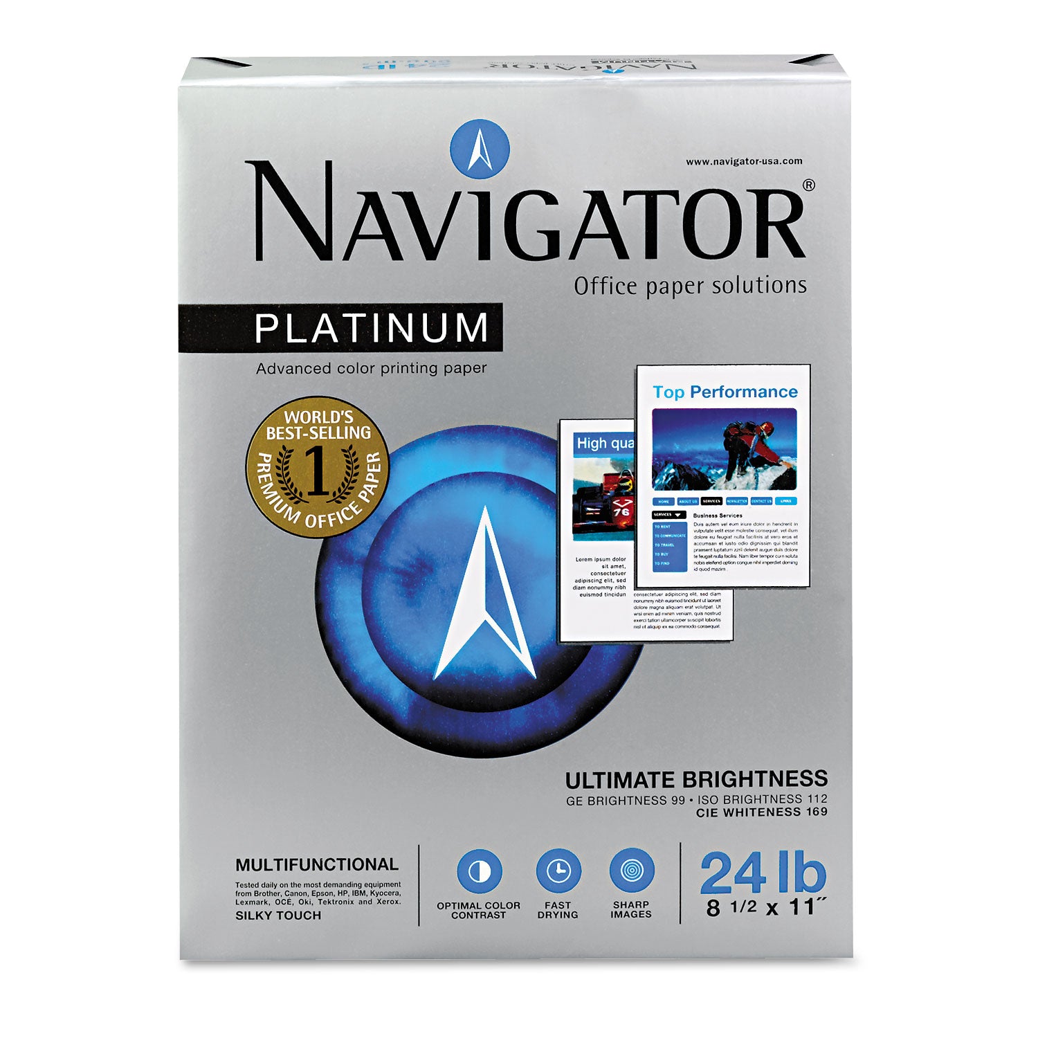 Navigator Platinum Office Multipurpose Paper - Bright White - 99 Brightness - Letter - 8 1/2" x 11" - 24 lb Basis Weight - Smooth - Jam-free - Bright White - 500 Sheets per Ream - 5 / Carton