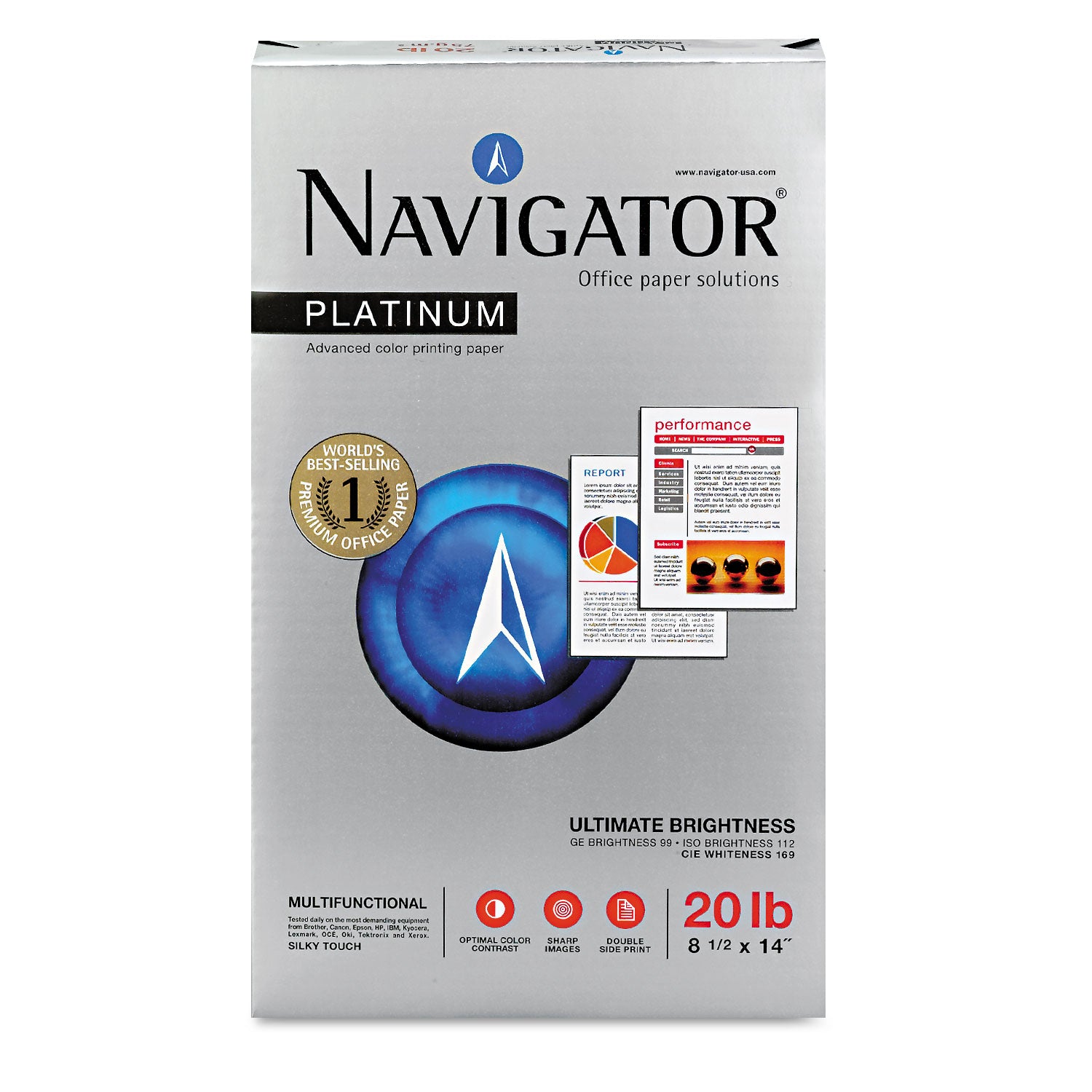 Navigator Platinum Office Multipurpose Paper - Bright White - 99 Brightness - Legal - 8 1/2" x 14" - 20 lb Basis Weight - Smooth - Chlorine-free - Bright White - 500 Sheets per Ream - 10 / Carton