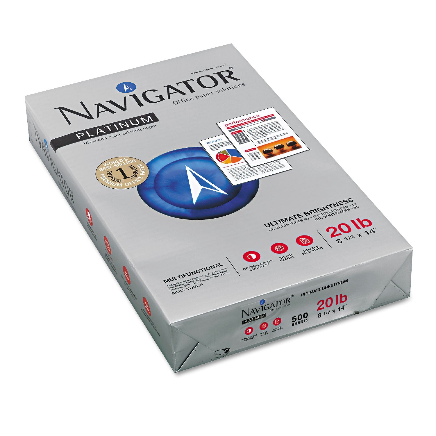 Navigator Platinum Office Multipurpose Paper - Bright White - 99 Brightness - Legal - 8 1/2" x 14" - 20 lb Basis Weight - Smooth - Chlorine-free - Bright White - 500 Sheets per Ream - 10 / Carton