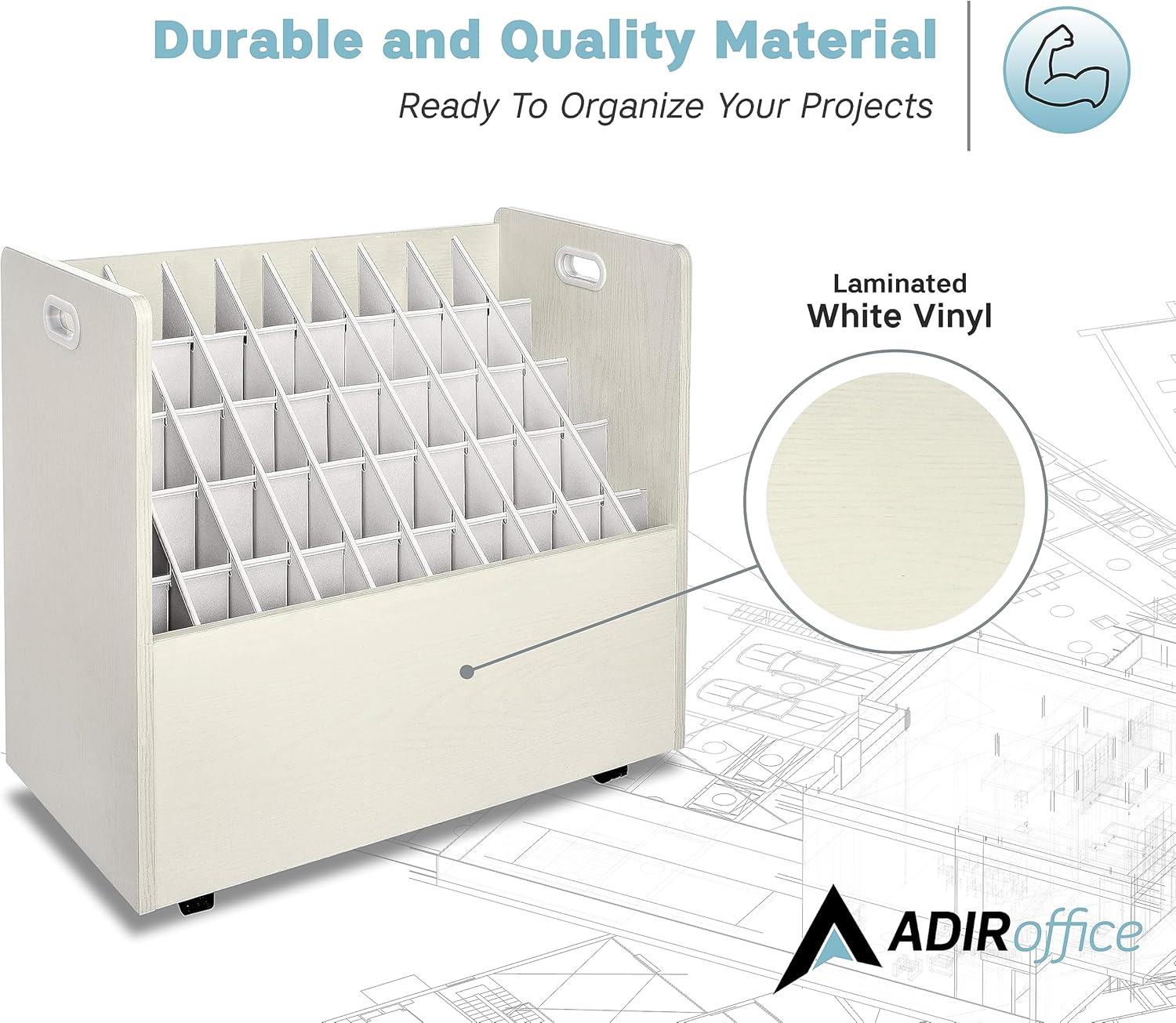 50-Slot Mobile Rolling Wood Blueprint Roll File Large Document Organizer