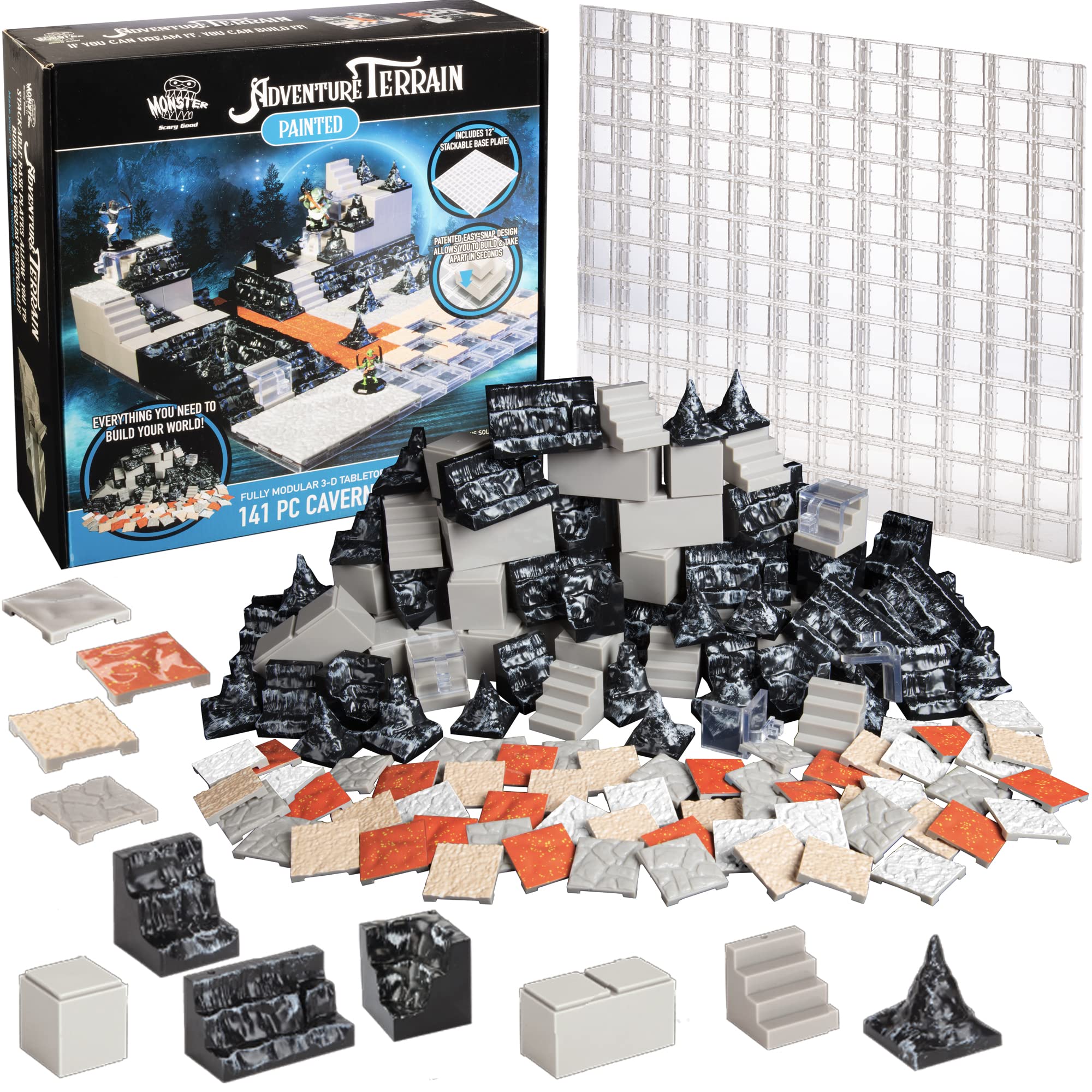 Monster Adventure Terrain 3D Interchangeable Builder System- 141pc Painted Cavern Expansion Set w Base- Build Modular Worlds in a Snap & Elevate Your Campaign- Compatible with DND Dungeons & Dragons
