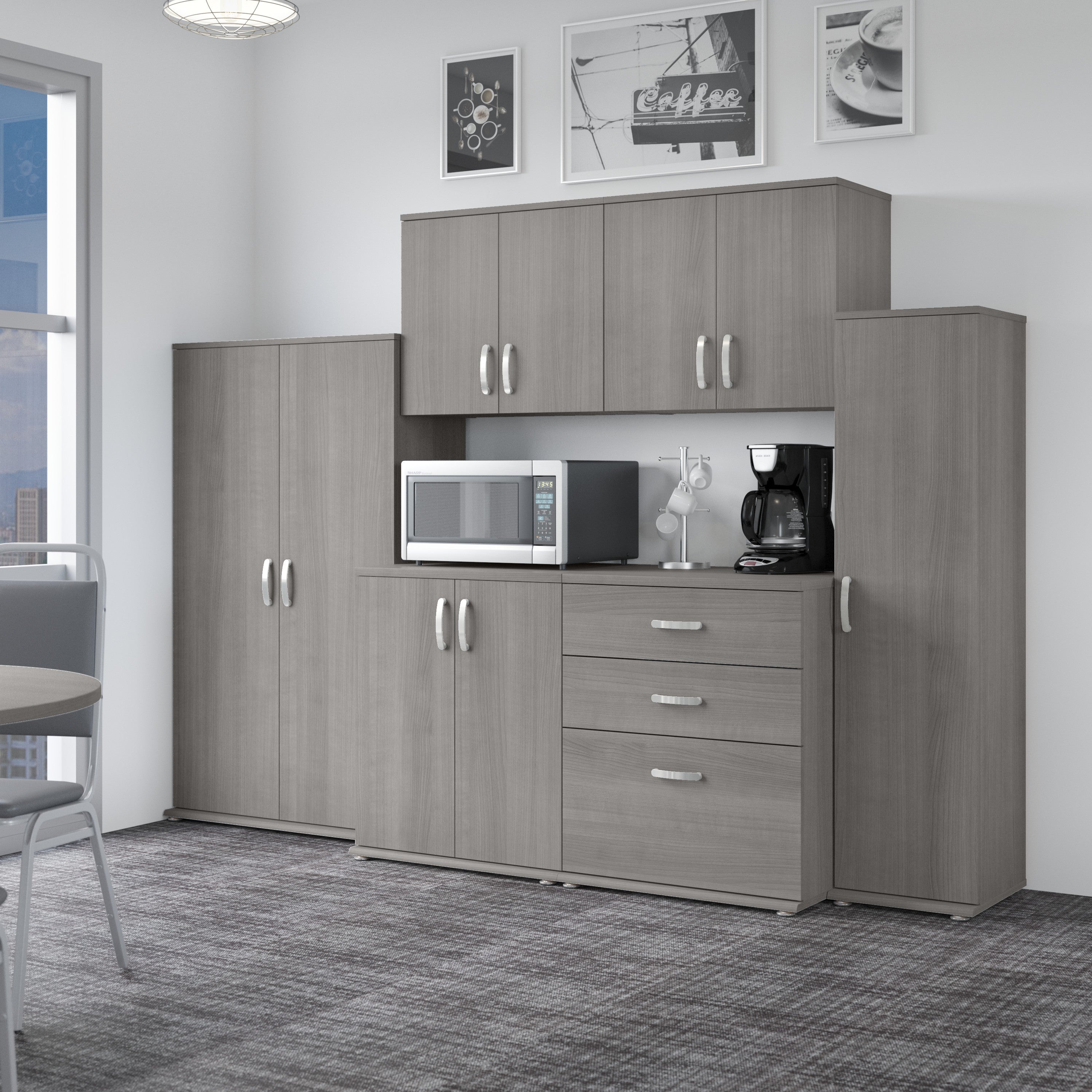 Bush Business Furniture Universal 108W 6 Piece Modular Storage Set with Floor and Wall Cabinets in Platinum Gray - 108.08" Width x 24.69" Depth x 61.81" Height