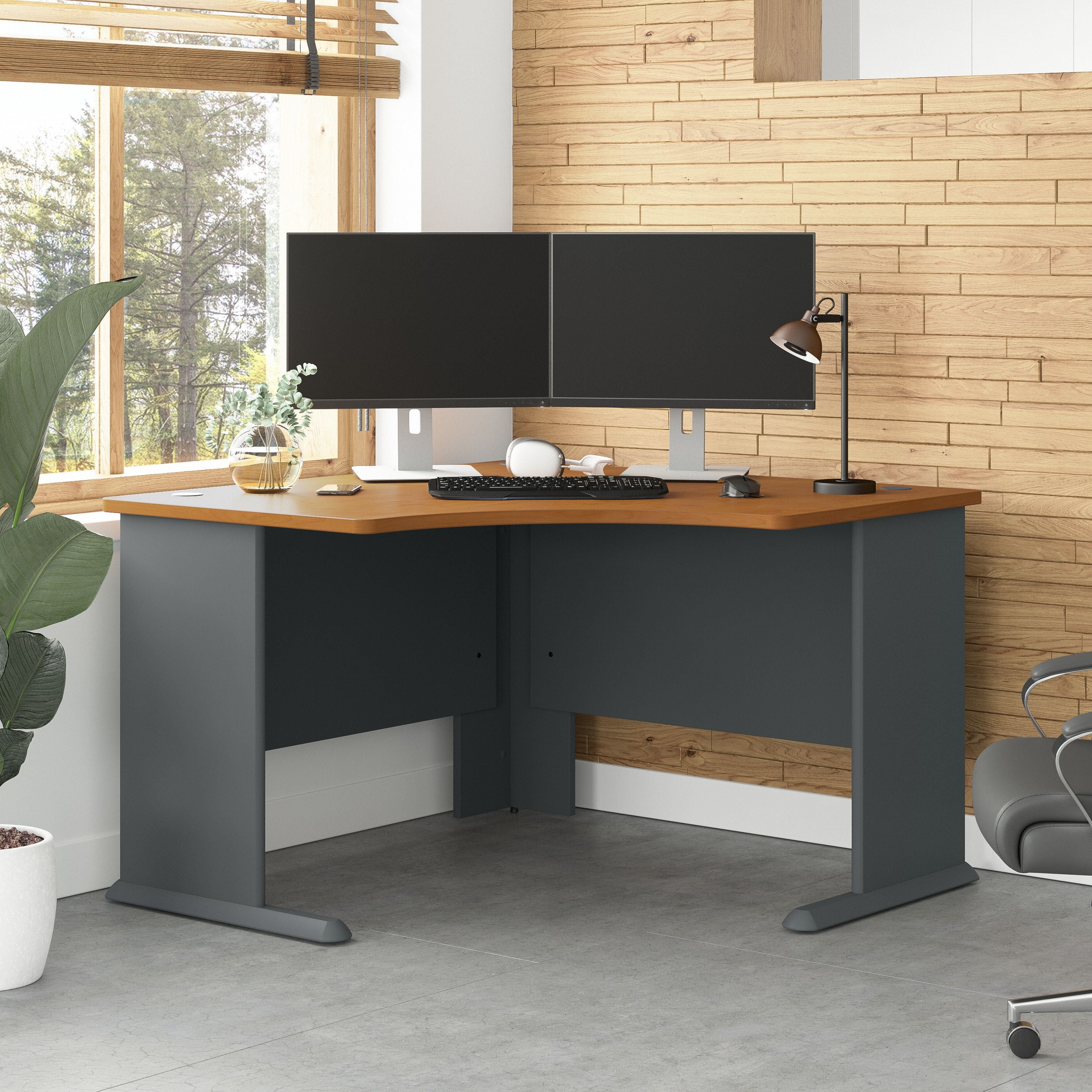 Bush Business Furniture Series A 48W Corner Desk in Natural Cherry and Slate - 47.17" Width x 47.17" Depth x 29.66" Height