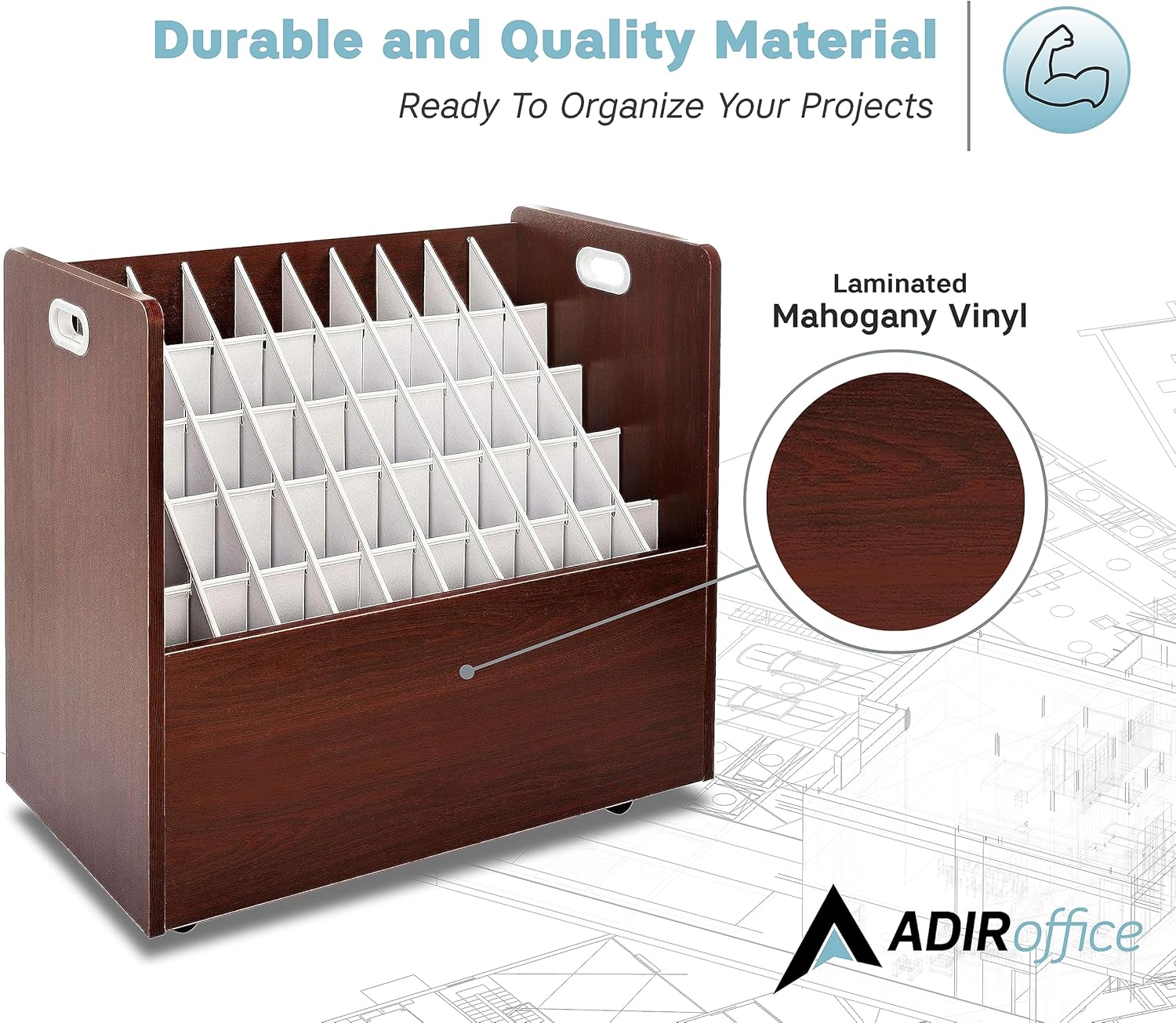 50-Slot Mobile Rolling Wood Blueprint Roll File Large Document Organizer