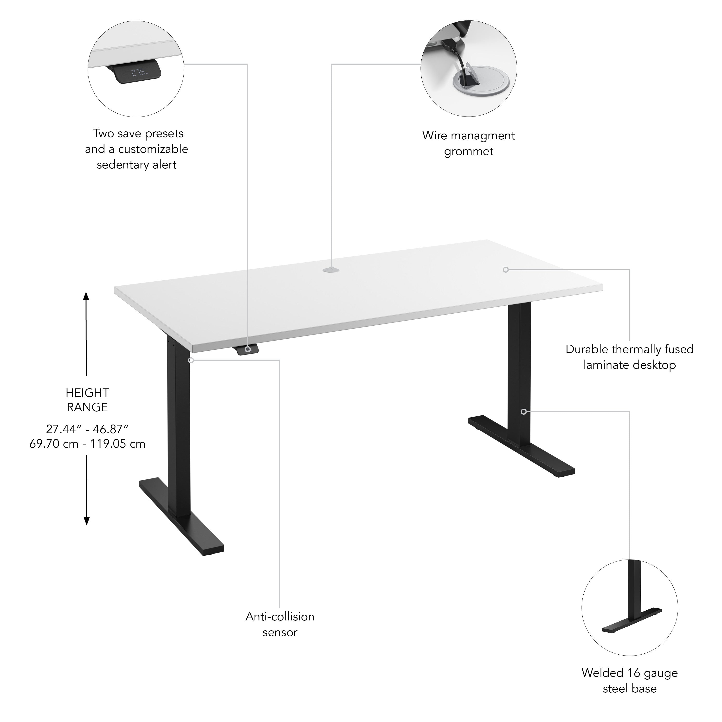 Bush Business Furniture Move 60 Series 60W x 30D Electric Height Adjustable Standing Desk in White with Black Base - 59.45" Width x 29.37" Depth x 47.69" Height