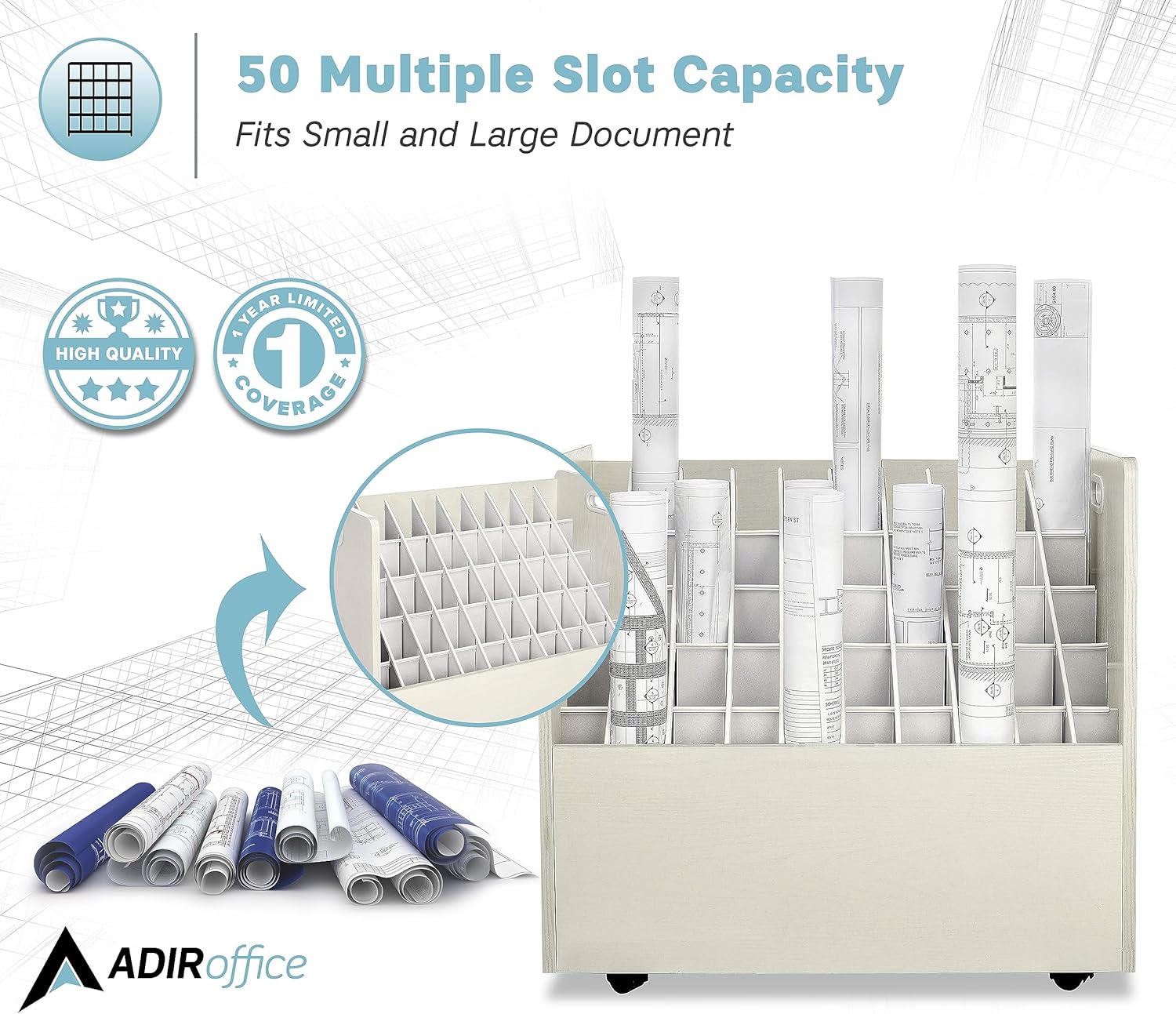 50-Compartment White Mobile Wood Roll File Storage Organizer 2 Pack