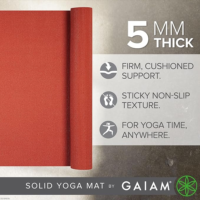 Gaiam Yoga Mat - Premium 5mm Solid Thick Non Slip Exercise & Fitness Mat for All Types of Yoga, Pilates & Floor Workouts (68" x 24" x 5mm) - Sunburnt