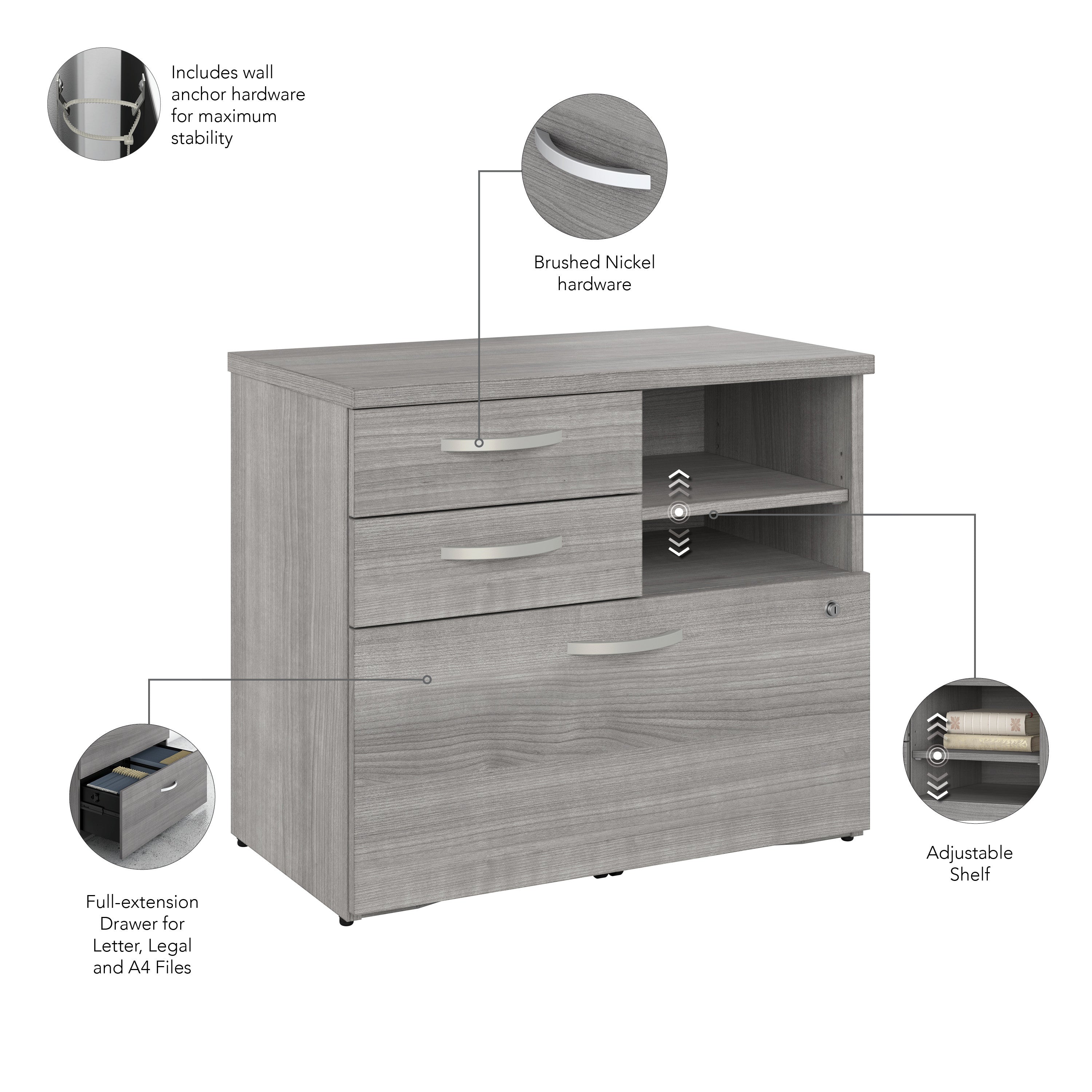 Bush Business Furniture Studio C Office Storage Cabinet with Drawers and Shelves in Platinum Gray - 29.72" Width x 16.93" Depth x 25.98" Height