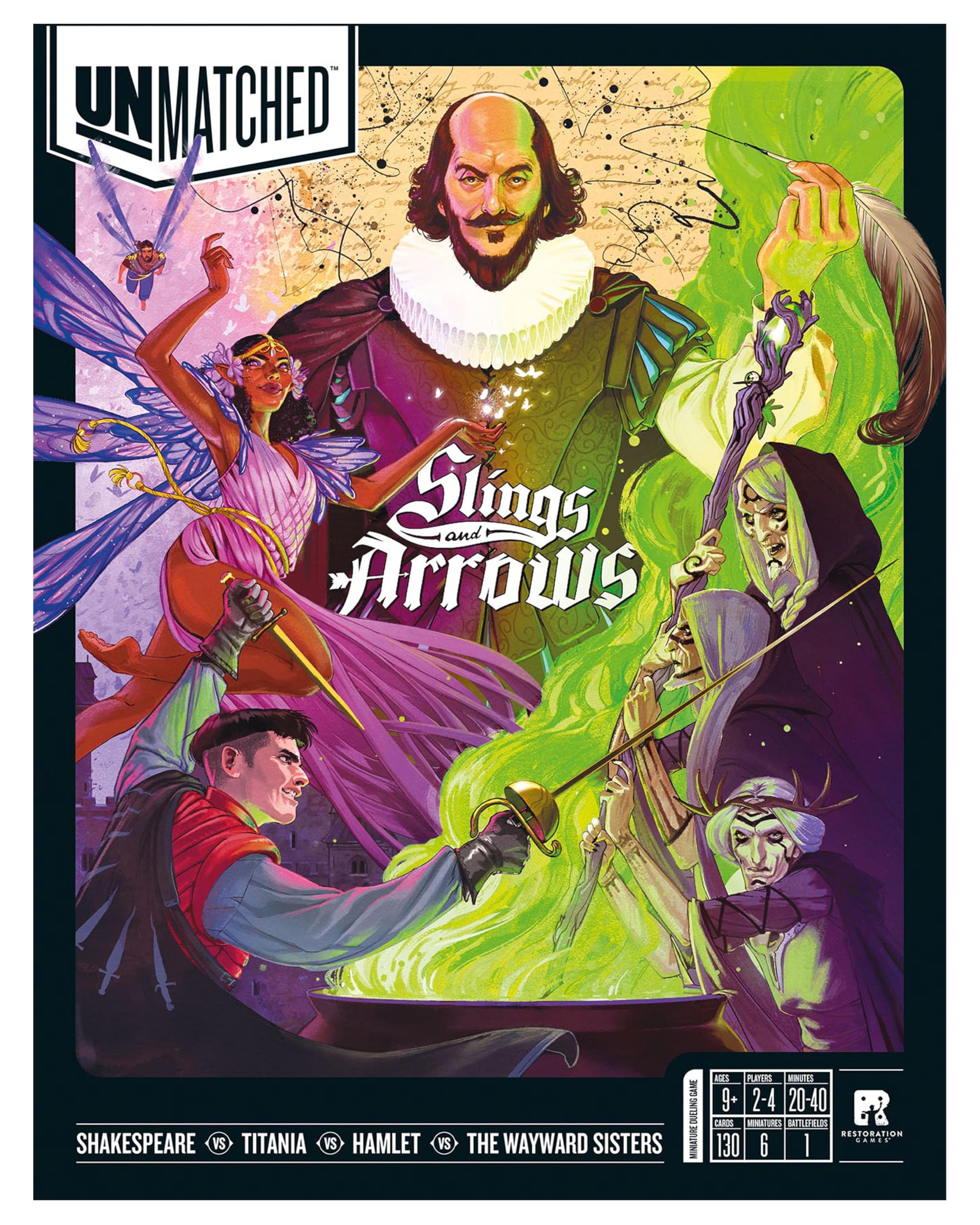Restoration Games Unmatched Slings and Arrows - Strategy Board Game for 2 to 4 Players - Shakespeare Heroes Expansion with Globe Theatre Battlefield - 30 Min Playtime - Ages 9+