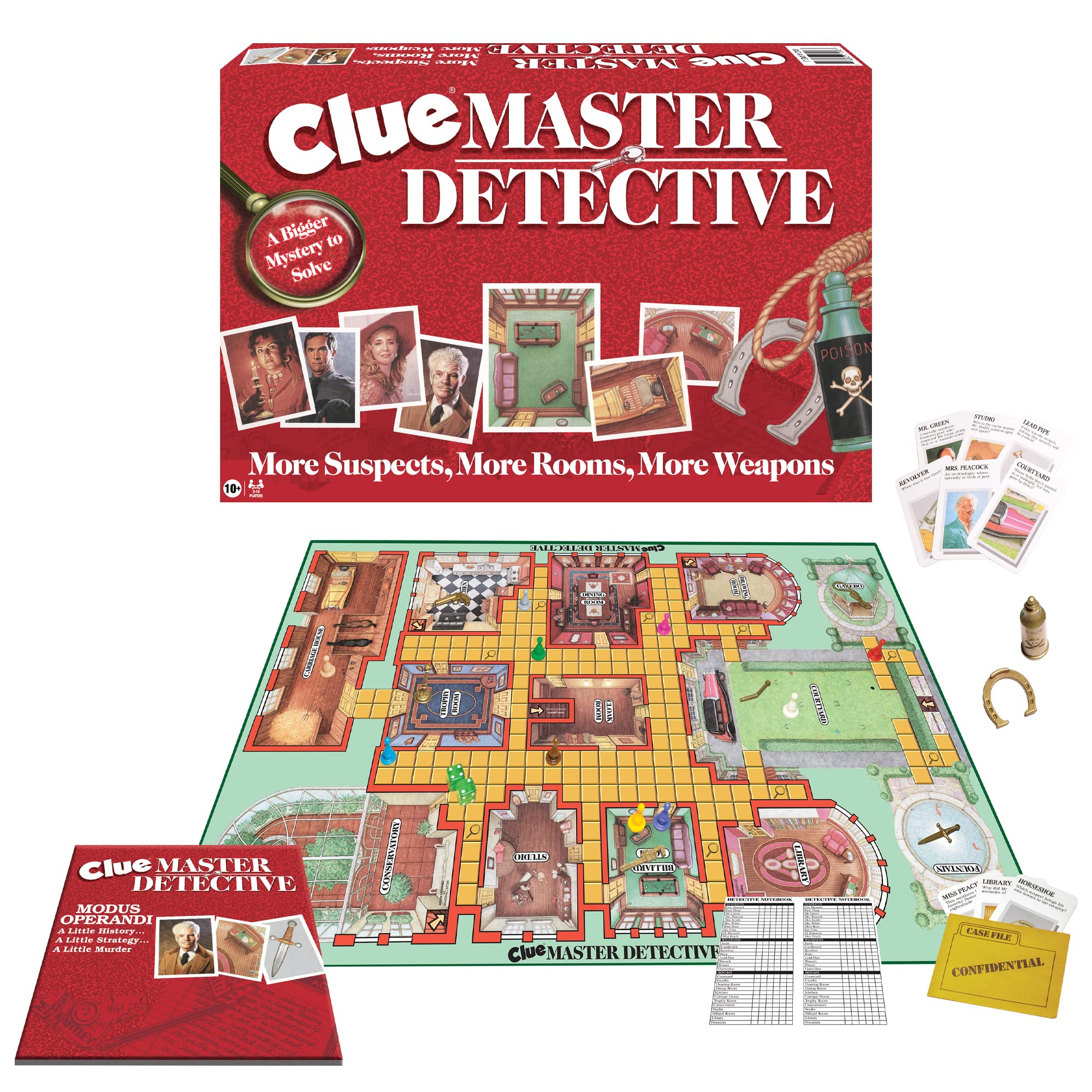 Clue Master Detective with Oversized Brass Tone Metal Weapons by Winning Moves Games USA, Largest Game of Clue Ever, for up to 10 Players, Ages 10 and Up