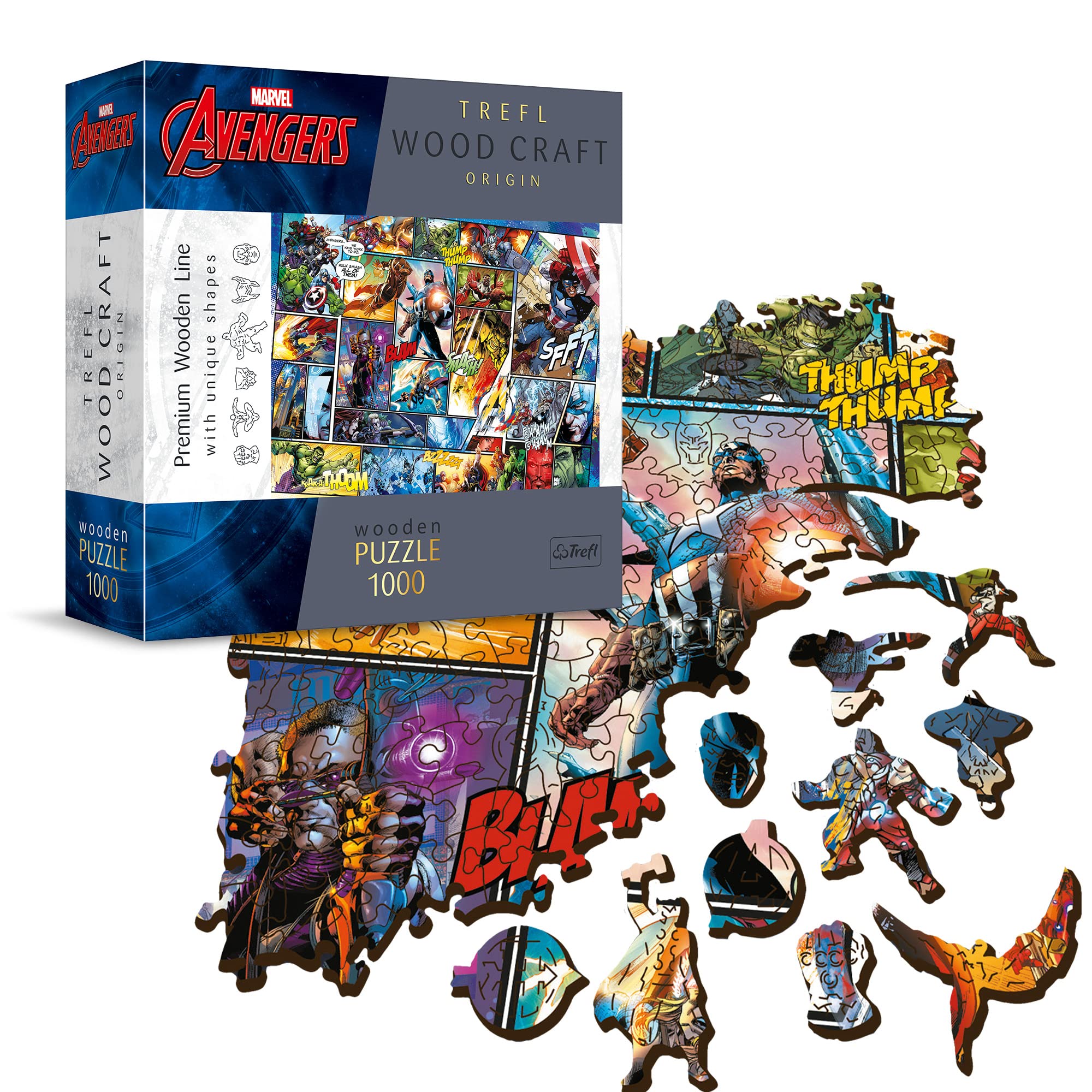 Trefl Marvel Comic Universe Wood Craft 1000 Piece Jigsaw Puzzle Irregular Shapes, 50 Special Puzzles, Modern Premium Jigsaw, for Adults and Children from 14 Years Old