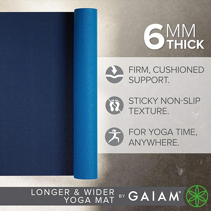Gaiam Solid Color Yoga Mat, Non Slip Exercise & Fitness Mat for All Types of Yoga, Pilates & Floor Exercises - Navy/Blue