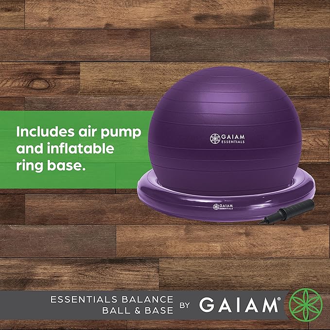 Gaiam Essentials Balance Ball & Base Kit, 65cm Yoga Ball Chair, Exercise Ball with Inflatable Ring Base Navy