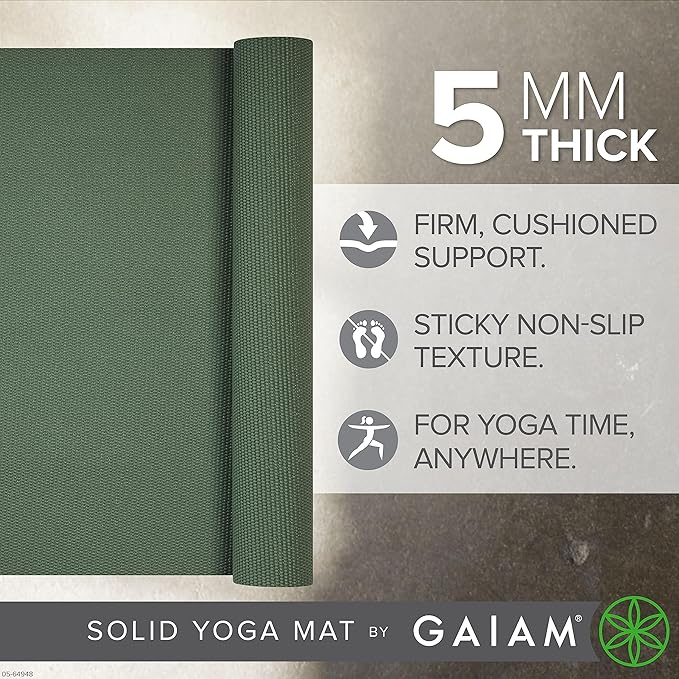 Gaiam Yoga Mat - Premium 5mm Solid Thick Non Slip Exercise & Fitness Mat for All Types of Yoga, Pilates & Floor Workouts (68" x 24" x 5mm) - Sagebrush