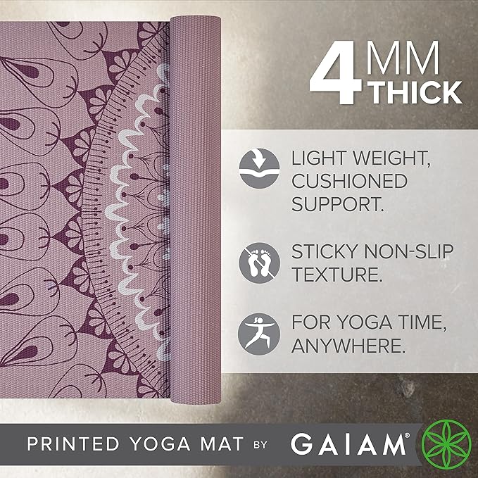 Gaiam Print Yoga Mat, Non Slip Exercise & Fitness Mat for All Types of Yoga, Pilates & Floor Exercises - Here & Now Dusty Rose