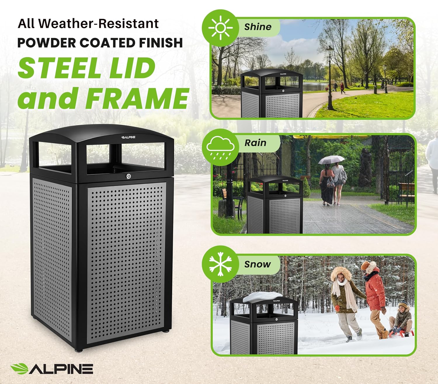 Alpine Industries Rugged 40-Gallon All-Weather Trash Containers with Steel Panels