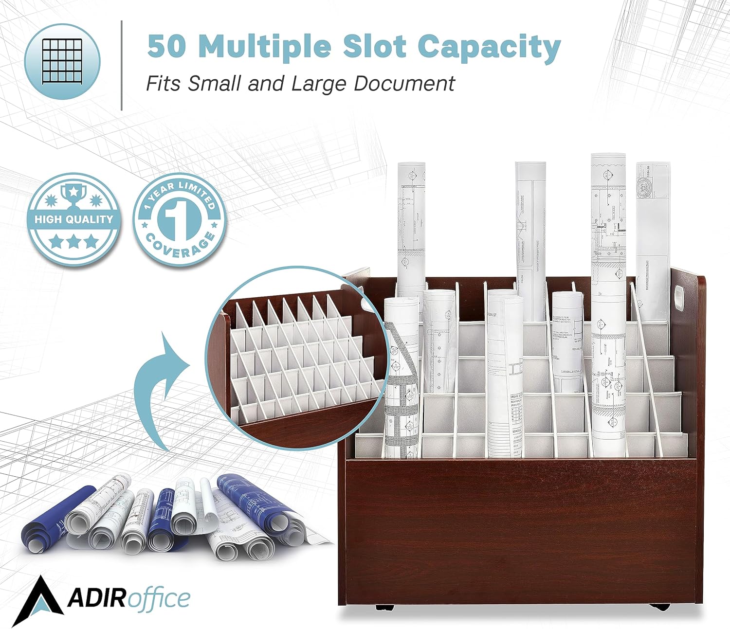 50-Compartment Mahogany Mobile Wood Roll File Storage Organizer 2 Pack
