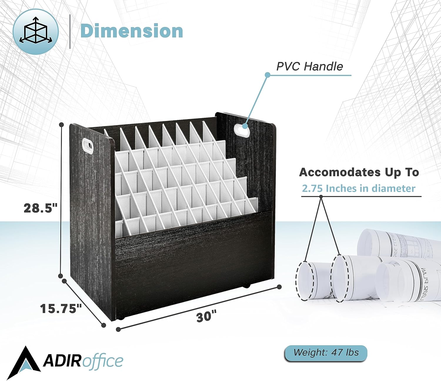 50-Slot Mobile Rolling Wood Blueprint Roll File Large Document Organizer