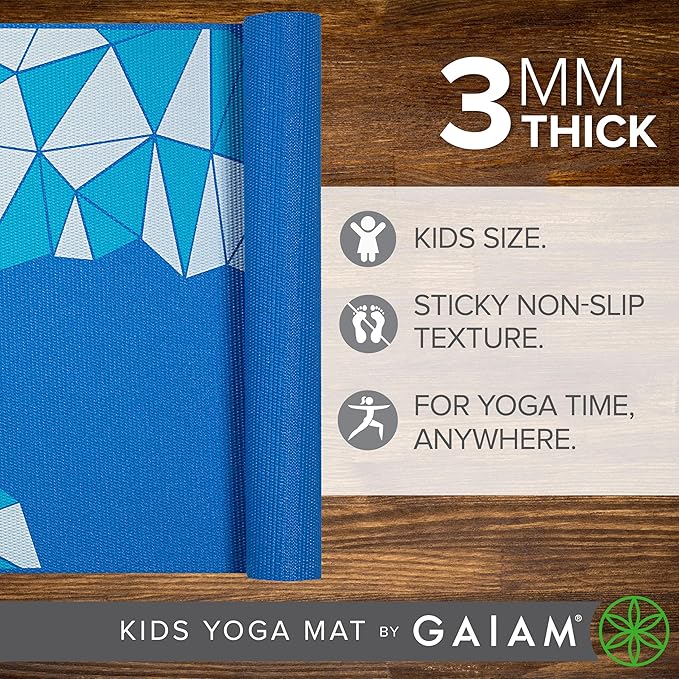 Gaiam Kids Yoga Mat Exercise Mat, Yoga for Kids with Fun Prints - Playtime for Babies, Active & Calm Toddlers and Young Children (60" L x 24" W x 3mm Thick) - Blue Rocket