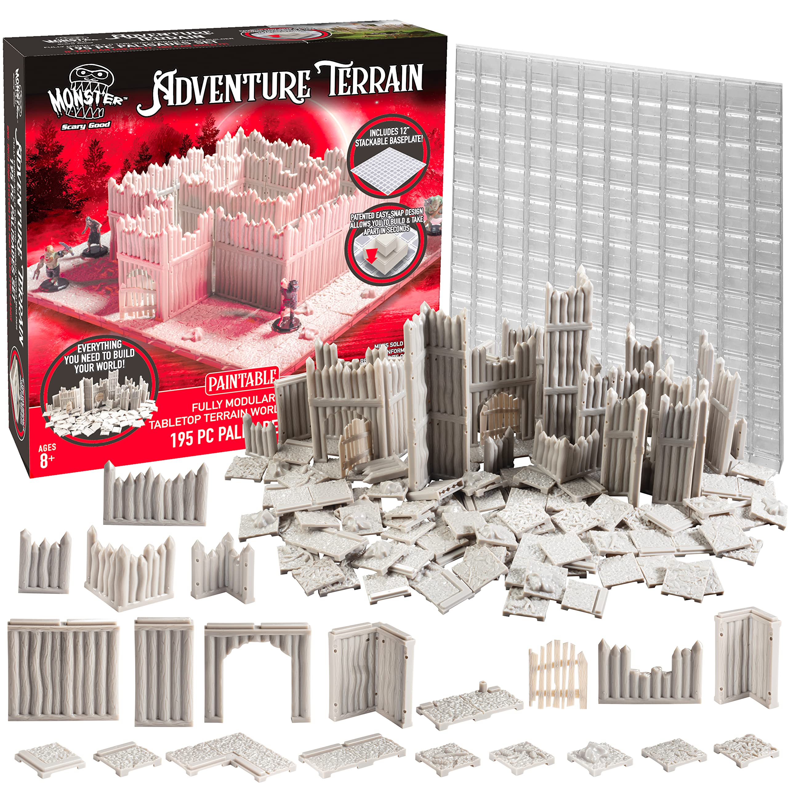 Monster Adventure Terrain 3D Interchangeable Builder System - 195pc PAINTABLE Palisade w Base- Build Modular Worlds in a Snap & Elevate Your Campaign- Compatible with DND Dungeons & Dragons