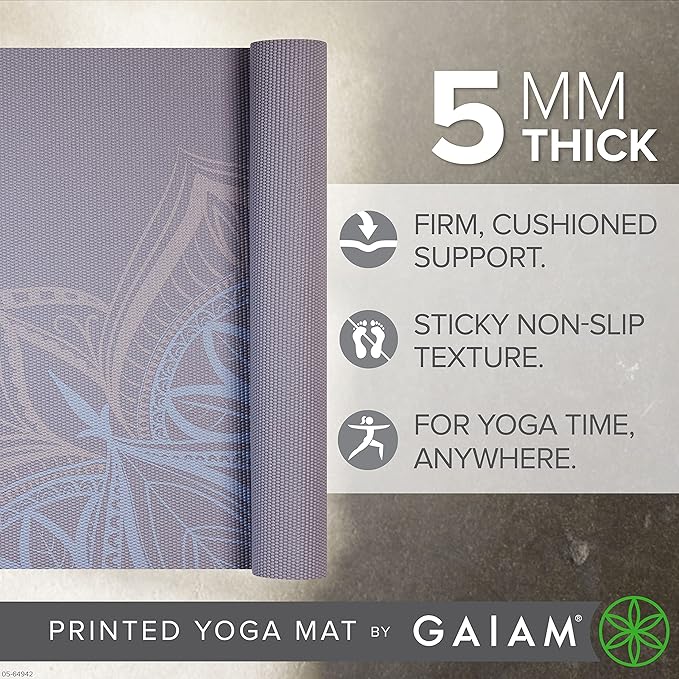 Gaiam Yoga Mat - Premium 5mm Print Thick Non Slip Exercise & Fitness Mat for All Types of Yoga, Pilates & Floor Workouts (68" x 24" x 5mm) - Dusty Purple Point