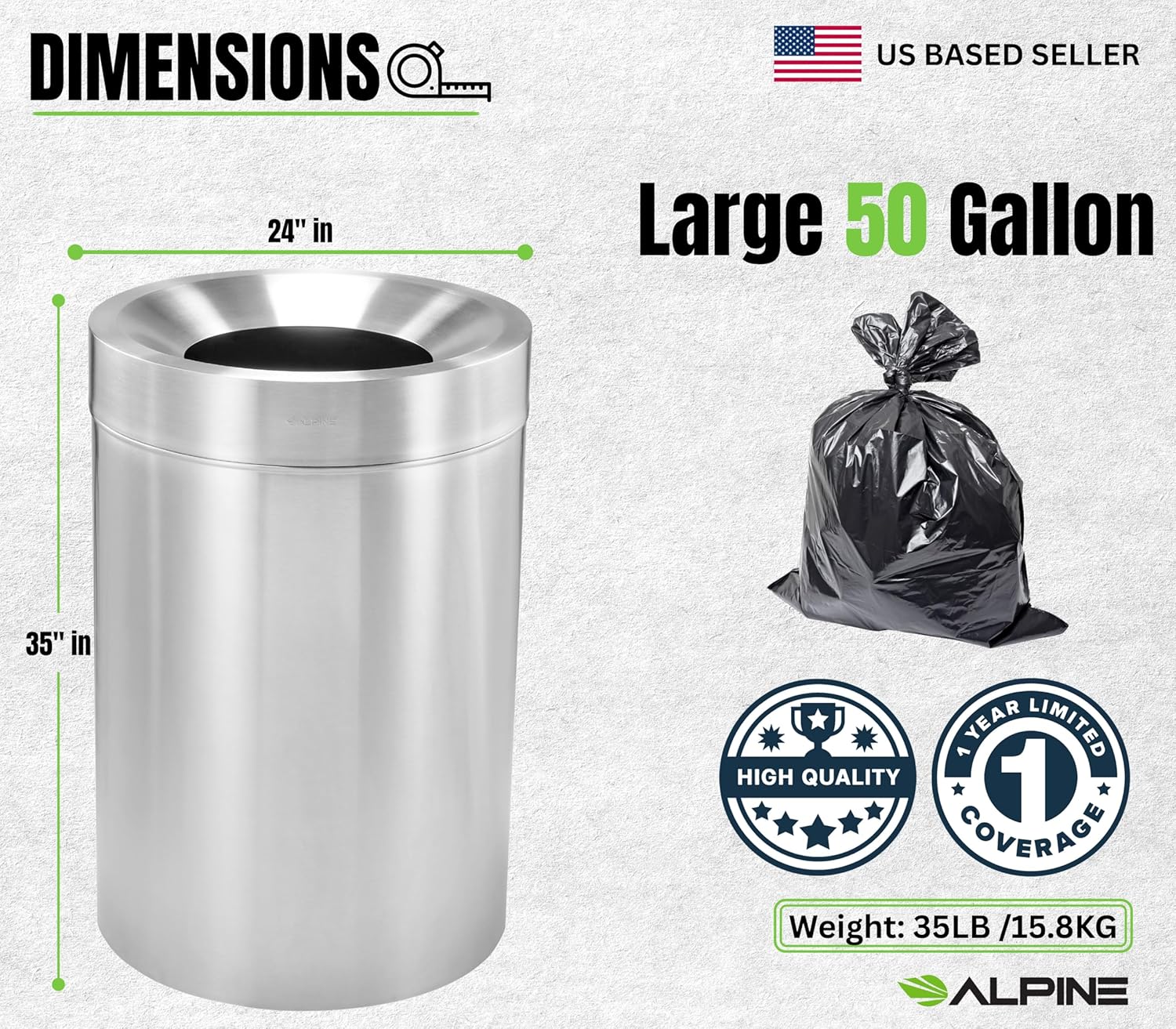 50 Gallon Stainless Steel Indoor Trash Can