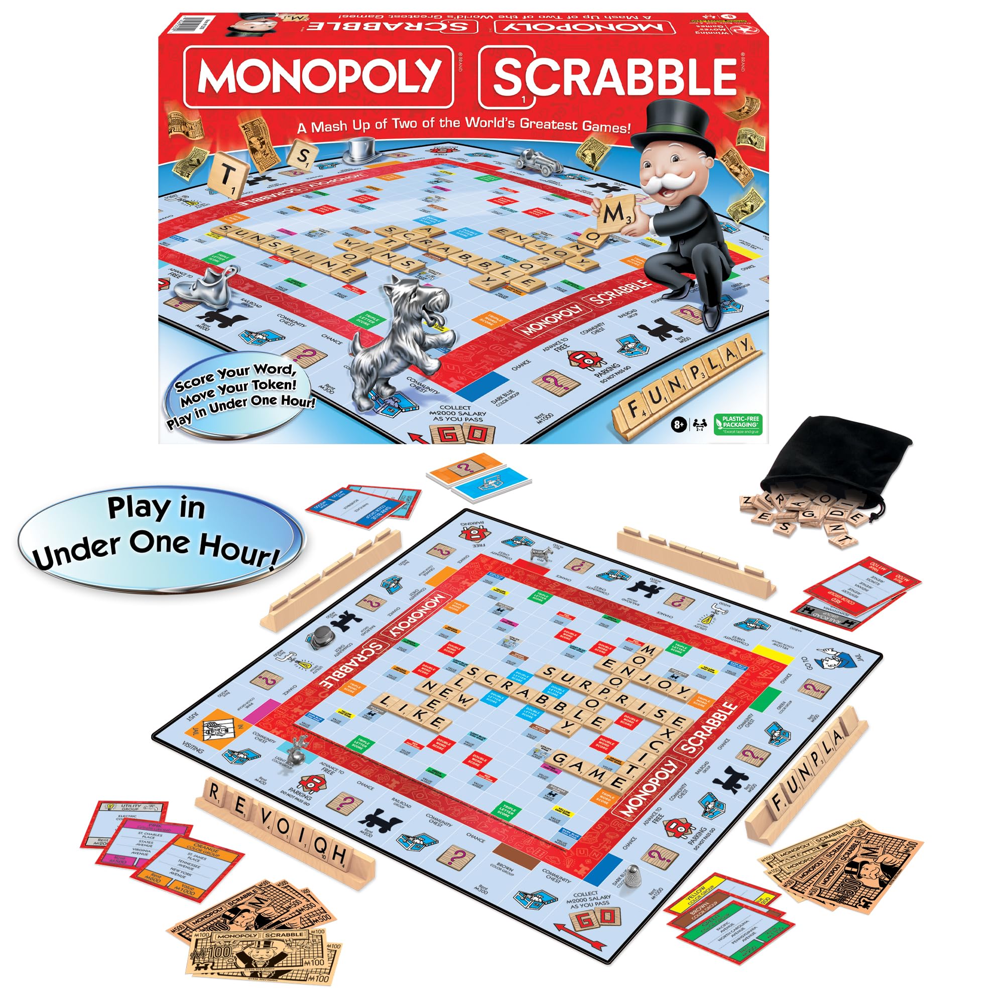 Monopoly Scrabble Game, Play in Under ONE Hour, Score Your Scrabble Word - Move Your Token, By Winning Moves Games USA, Mash-Up of 2 of the World's Greatest Games, 2 to 4 Players Ages 8+ (1250)