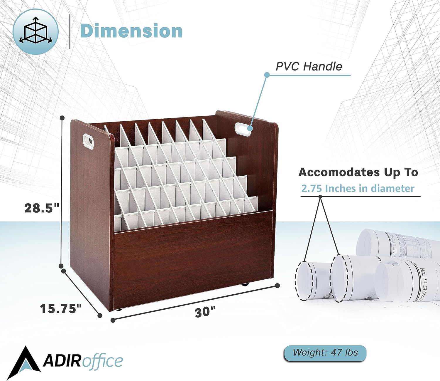 50-Compartment Mahogany Mobile Wood Roll File Storage Organizer 2 Pack