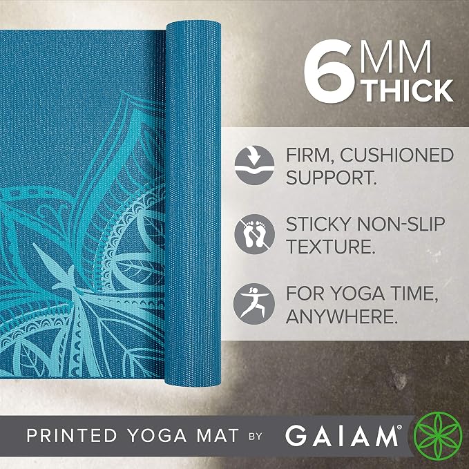 Gaiam Yoga Mat - Premium 6mm Print Extra Thick Non Slip Exercise & Fitness Mat for All Types of Yoga, Pilates & Floor Workouts (68"L x 24"W x 6mm Thick) - Indigo Point
