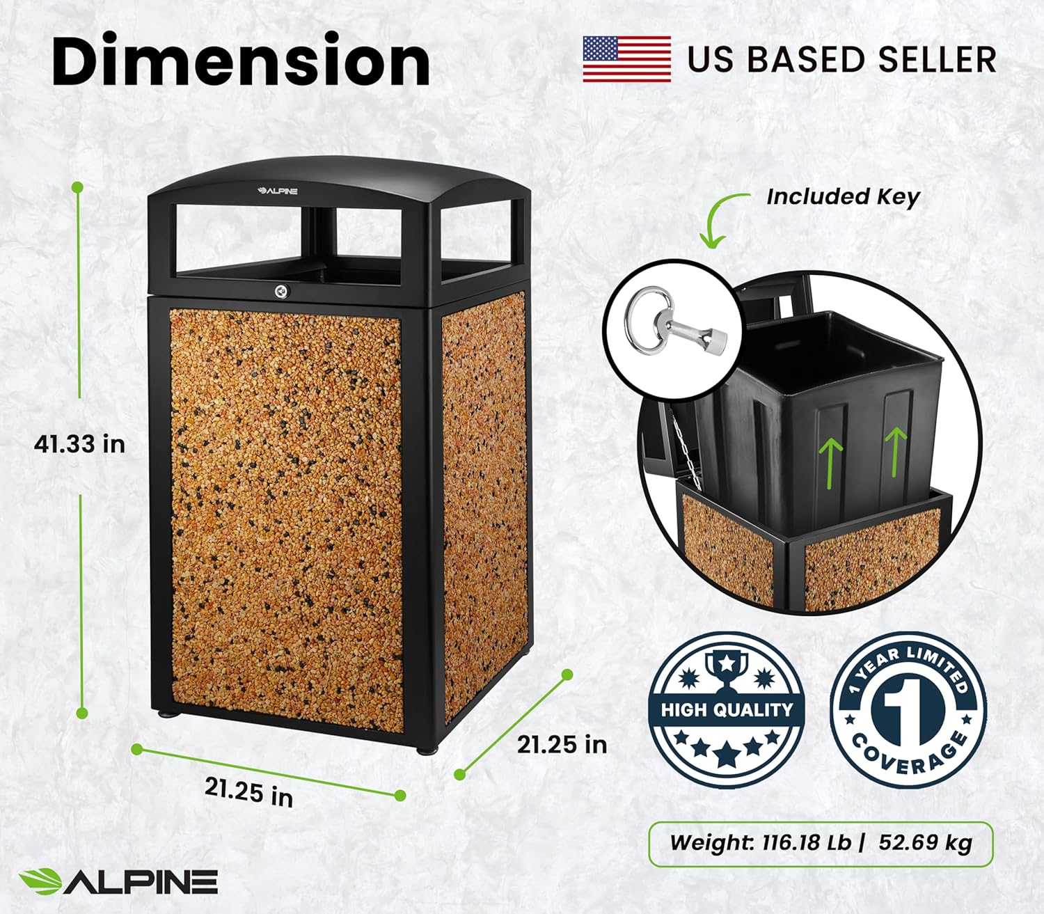 Alpine Industries Rugged 40-Gallon All-Weather Trash Containers with Stone Panels