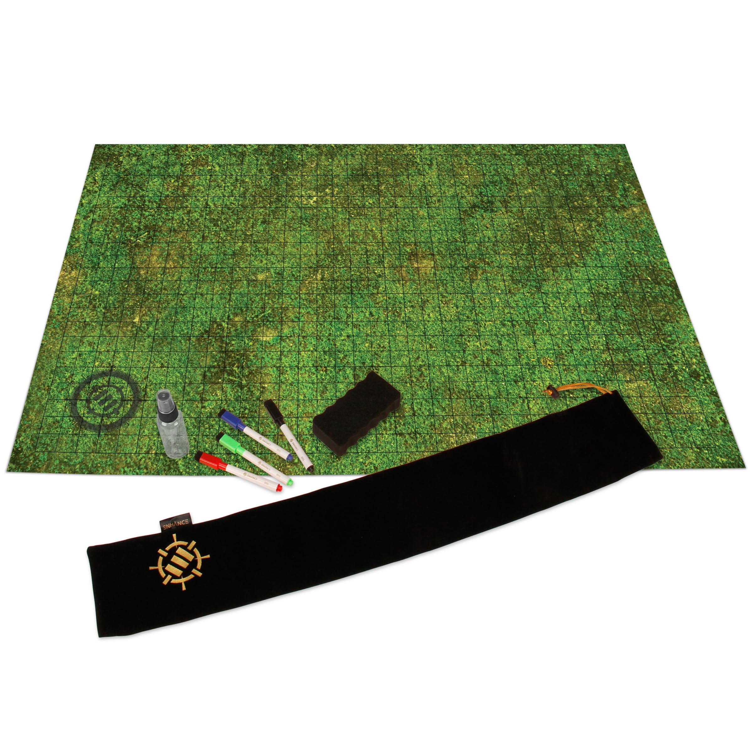 ENHANCE RPG Grid Mat - Tabletop DND Map (24x36 inch) Role Playing Dry Erase DND Mat Complete Gaming Set for Masters and Starters, Erasable Battle Grid Game Mat with Pouch, Marker Kit (Grass)