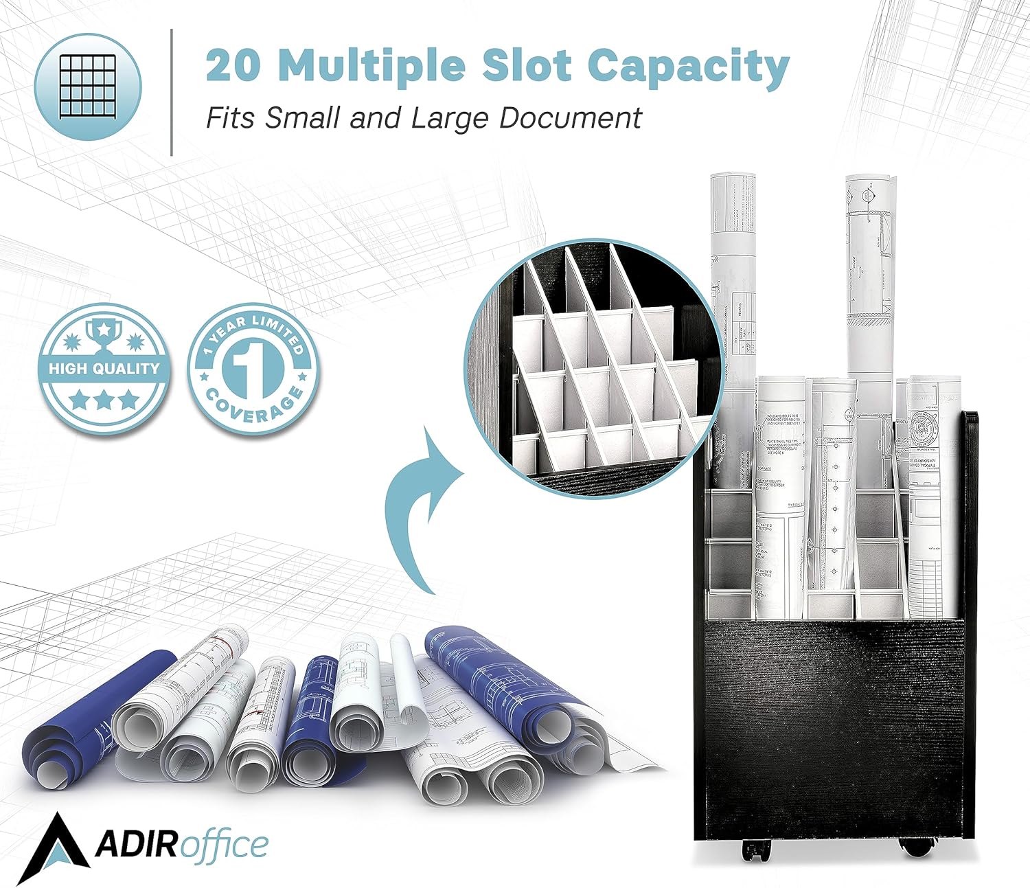 20-Slot Mobile Rolling Wood Blueprint Roll File Large Document Organizer