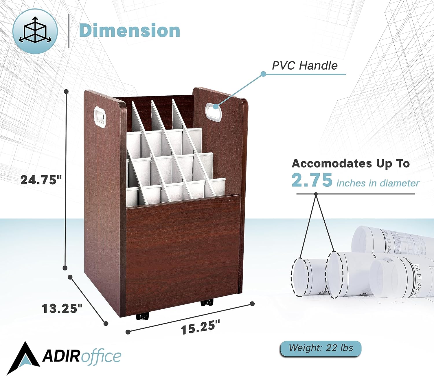 20-Slot Mobile Rolling Wood Blueprint Roll File Large Document Organizer